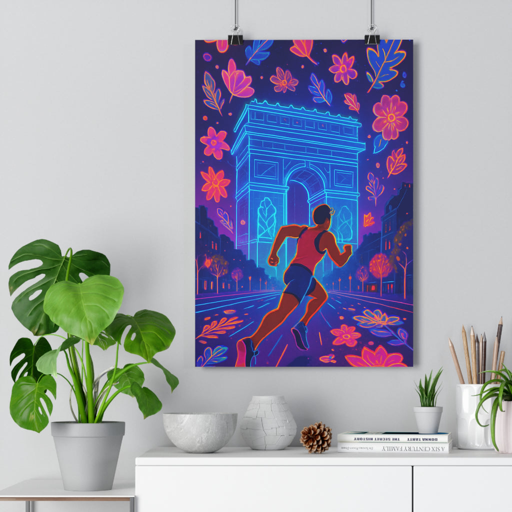 Poster décoratif rétrofuturiste art vibrant néon bleu rose orange salon moderne dynamique qualité premium