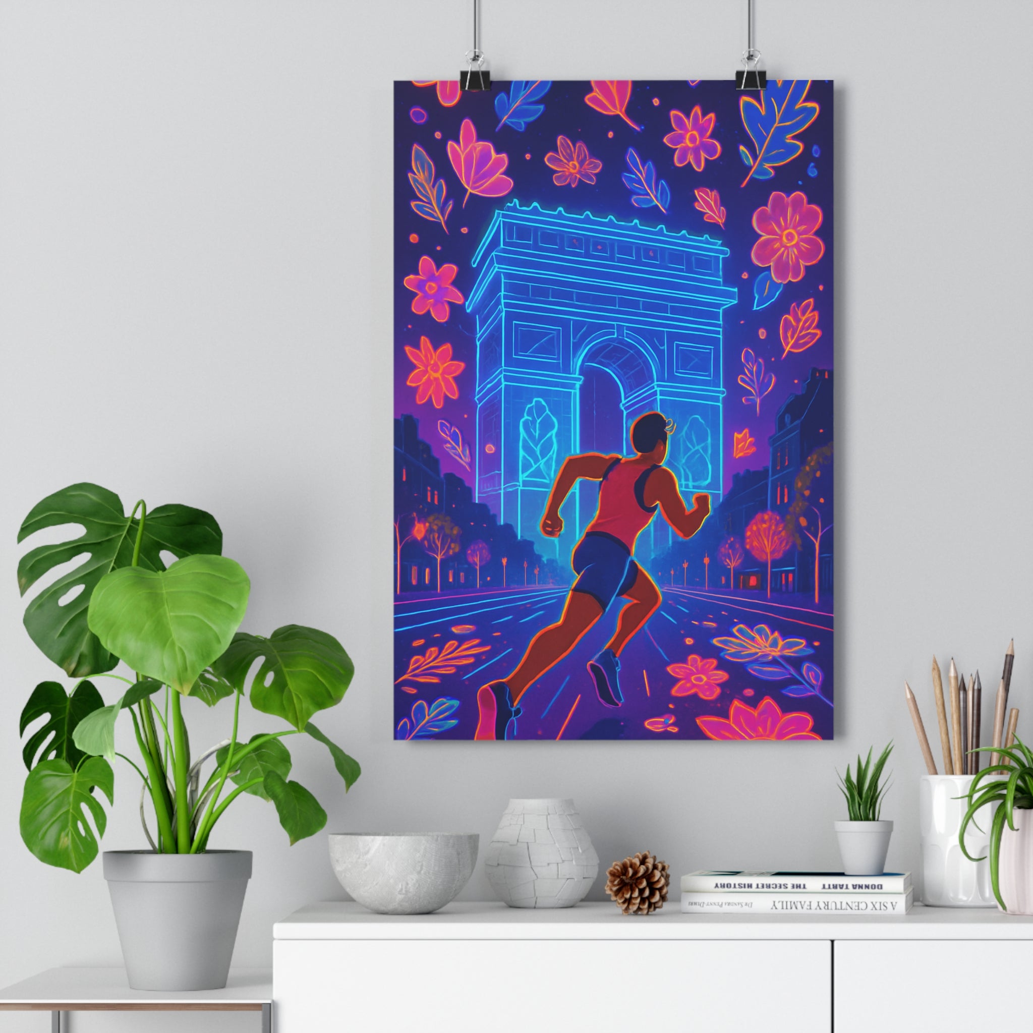 Poster décoratif rétrofuturiste art vibrant néon bleu rose orange salon moderne dynamique qualité premium