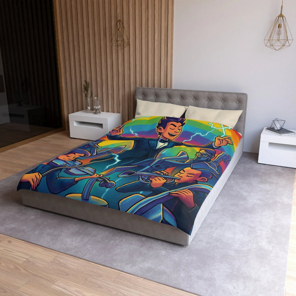 Housse de couette avec orchestre vibrant et chef d’orchestre sous arc-en-ciel lumineux