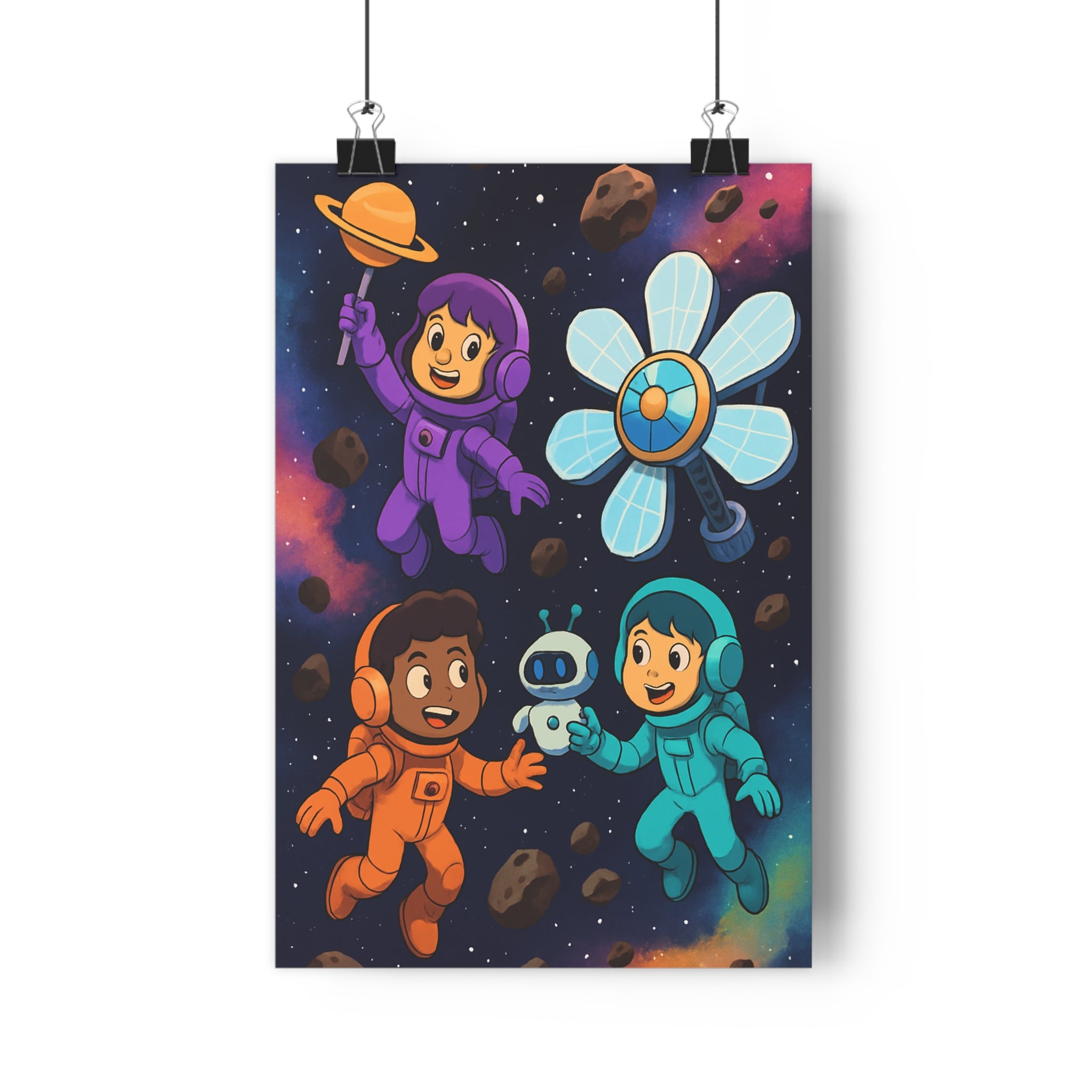 Poster décoratif espace violet orange bleu cartoon joyeux enfant aventure moderne chambre bureau unique