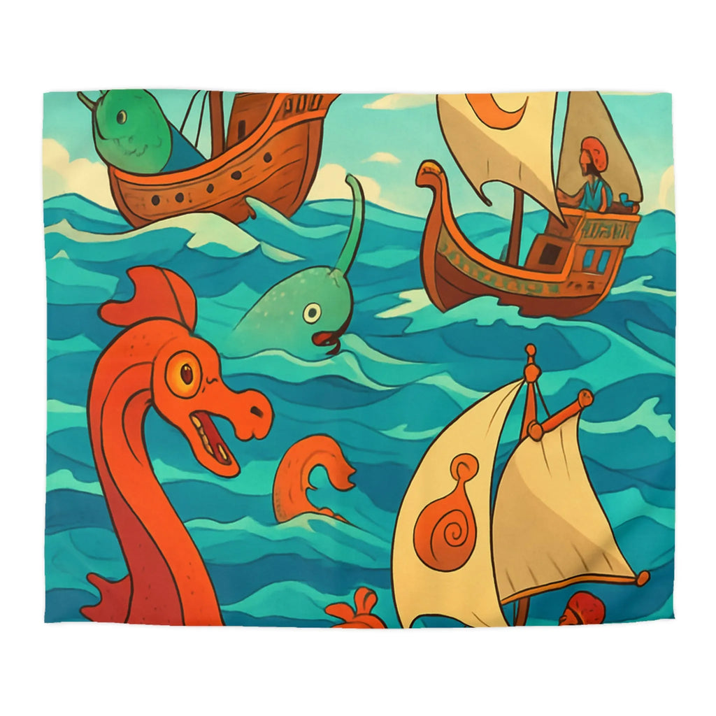 Housse de Couette Colorée avec Bateaux et Créatures Maritimes dans Stil Nautique Fantasy