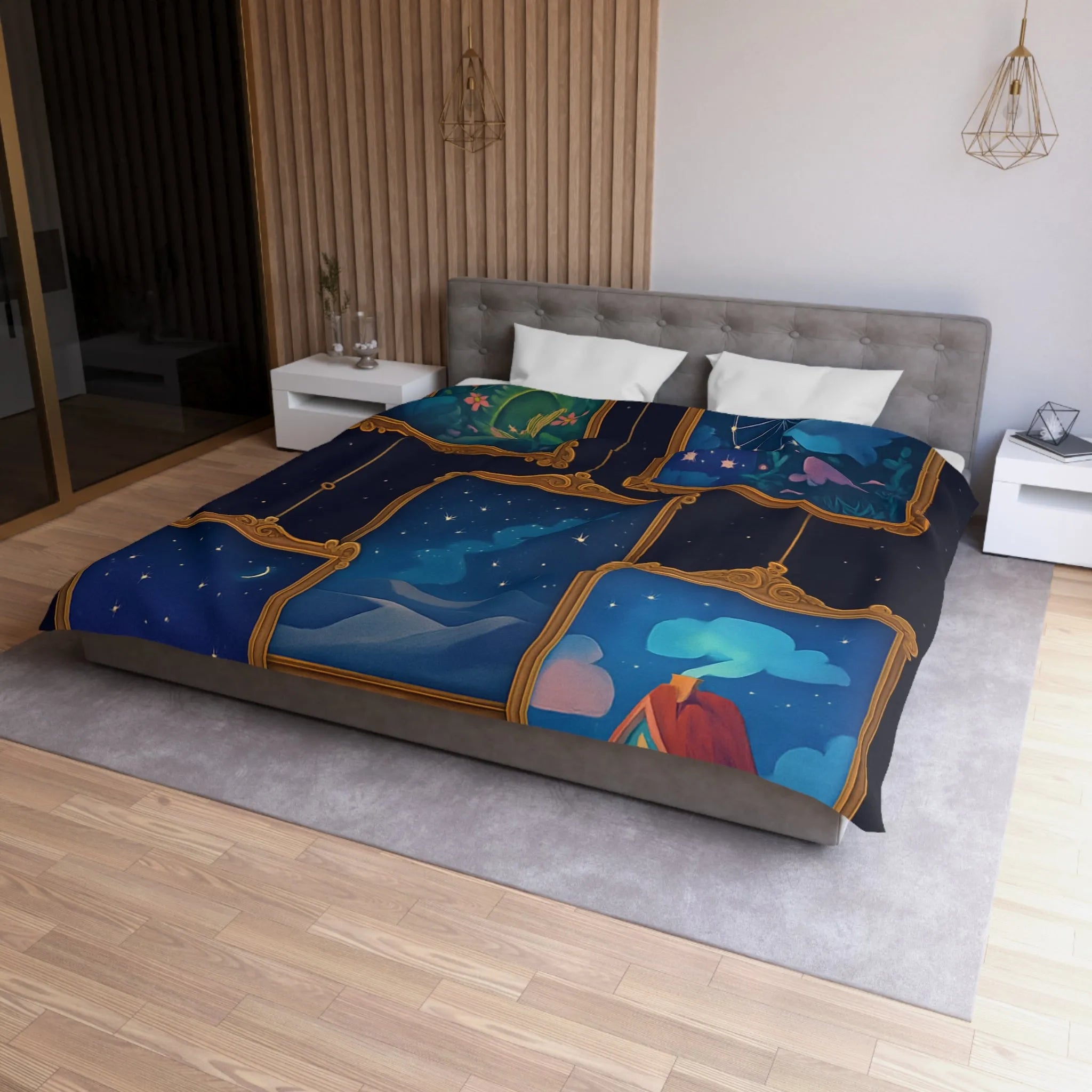 Housse de Couette Artistique avec Paysages de Nuit Étoilée et Fleuri Onirique