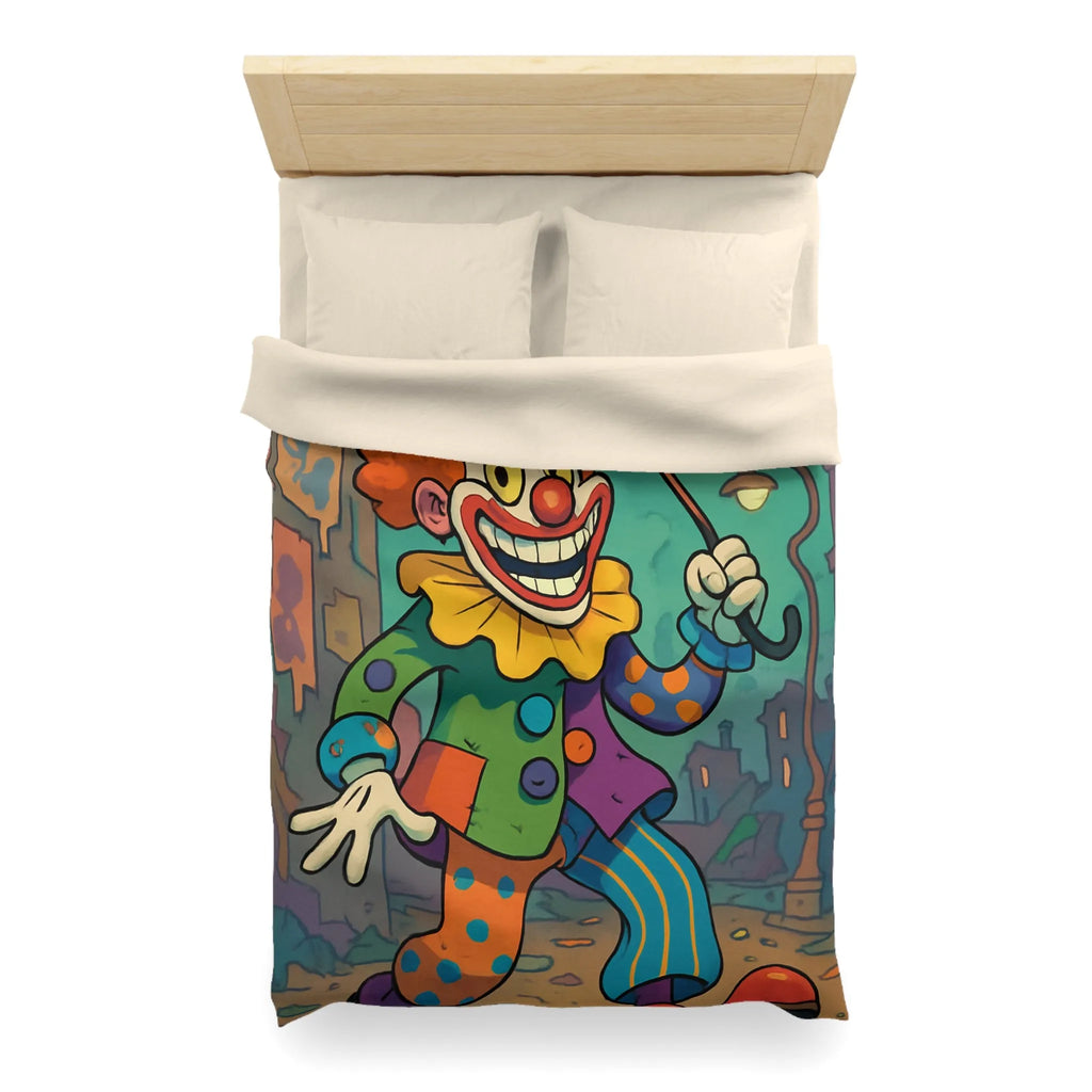 Housse de couette colorée avec clown joyeux et parapluie en pleine ville animée