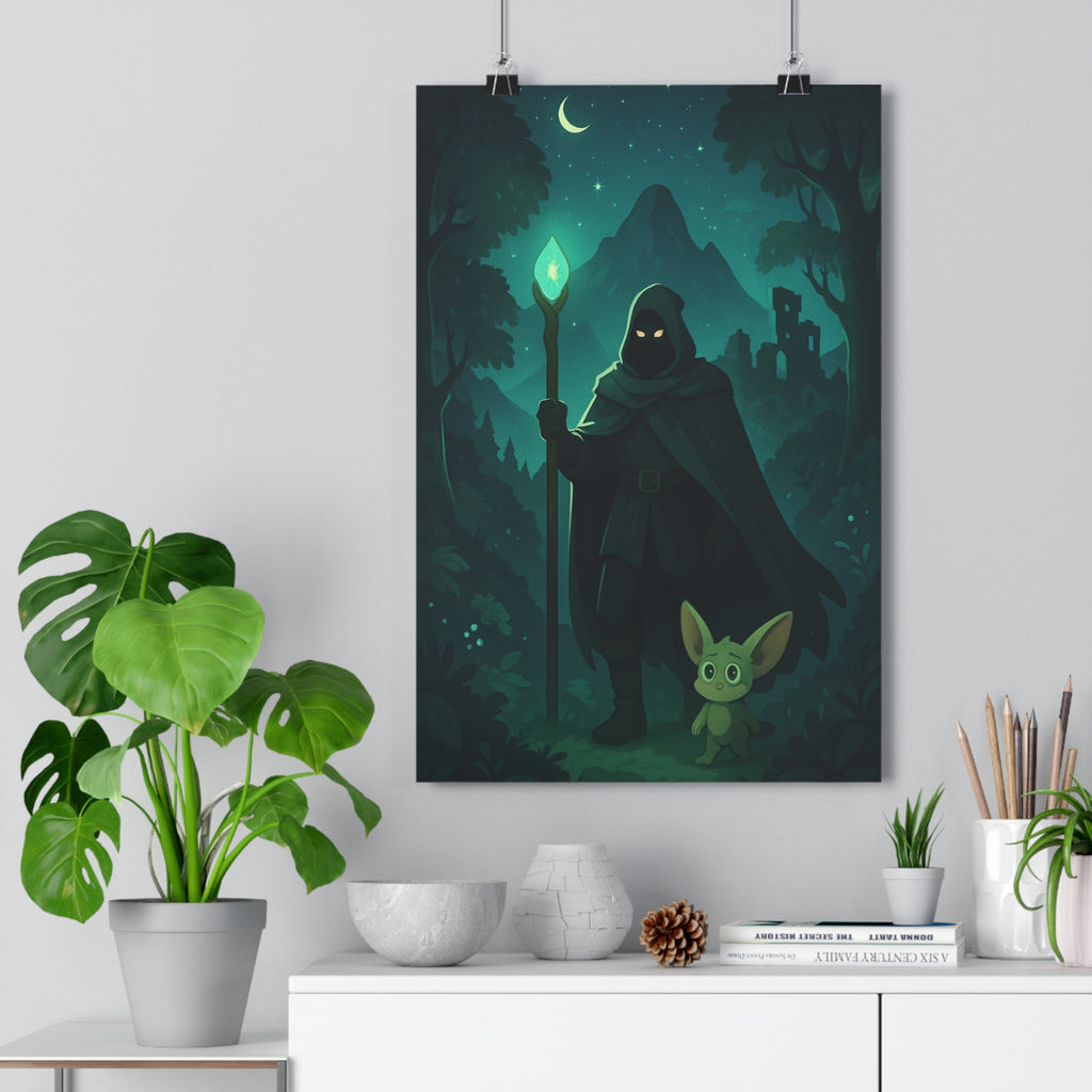 Poster décoratif mystique vert bleu cartoon forêt enchantée personnage créature chambre salon ambiance fantastique