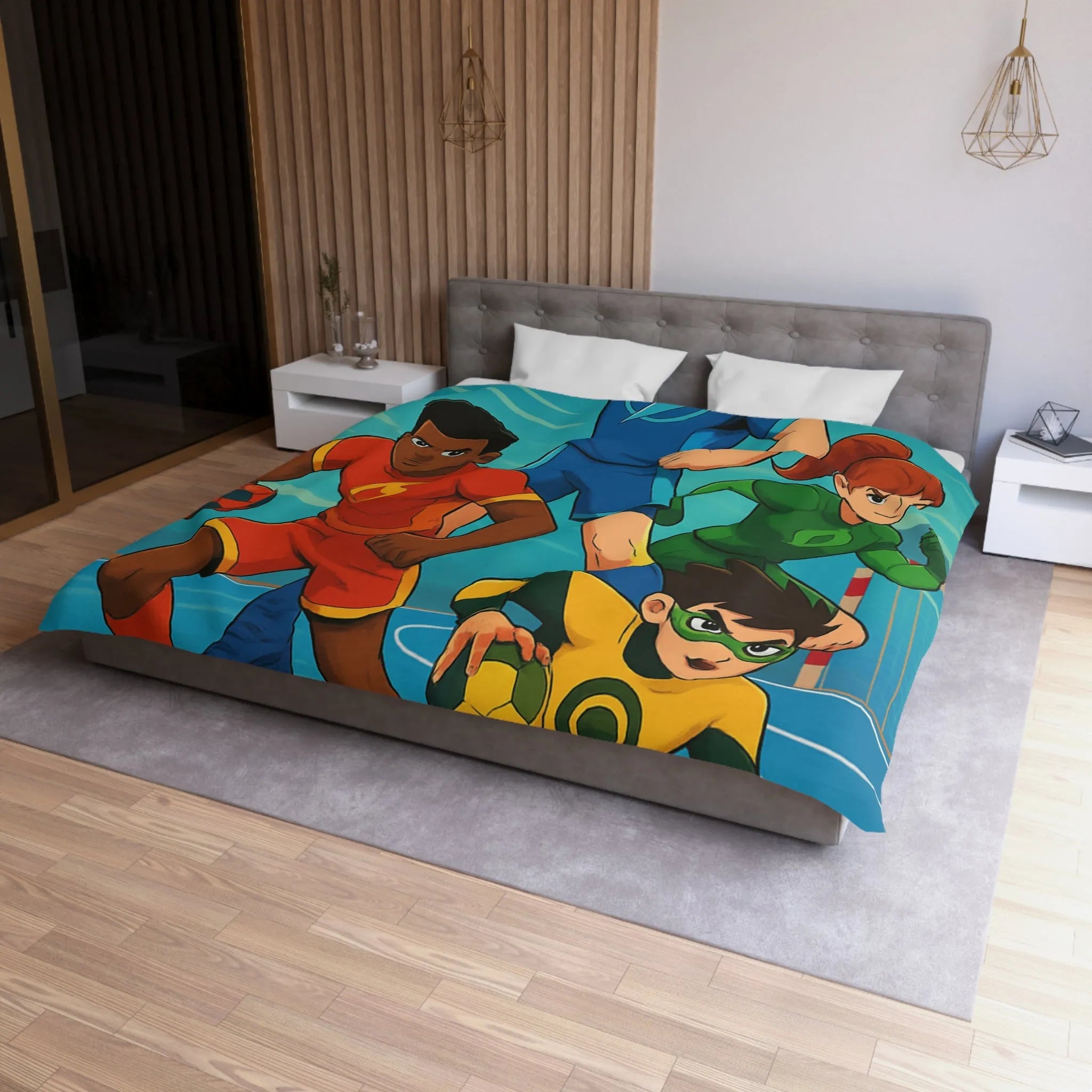 Housse de couette colorée super-héros, style bande dessinée sports, enfants aventure dynamique