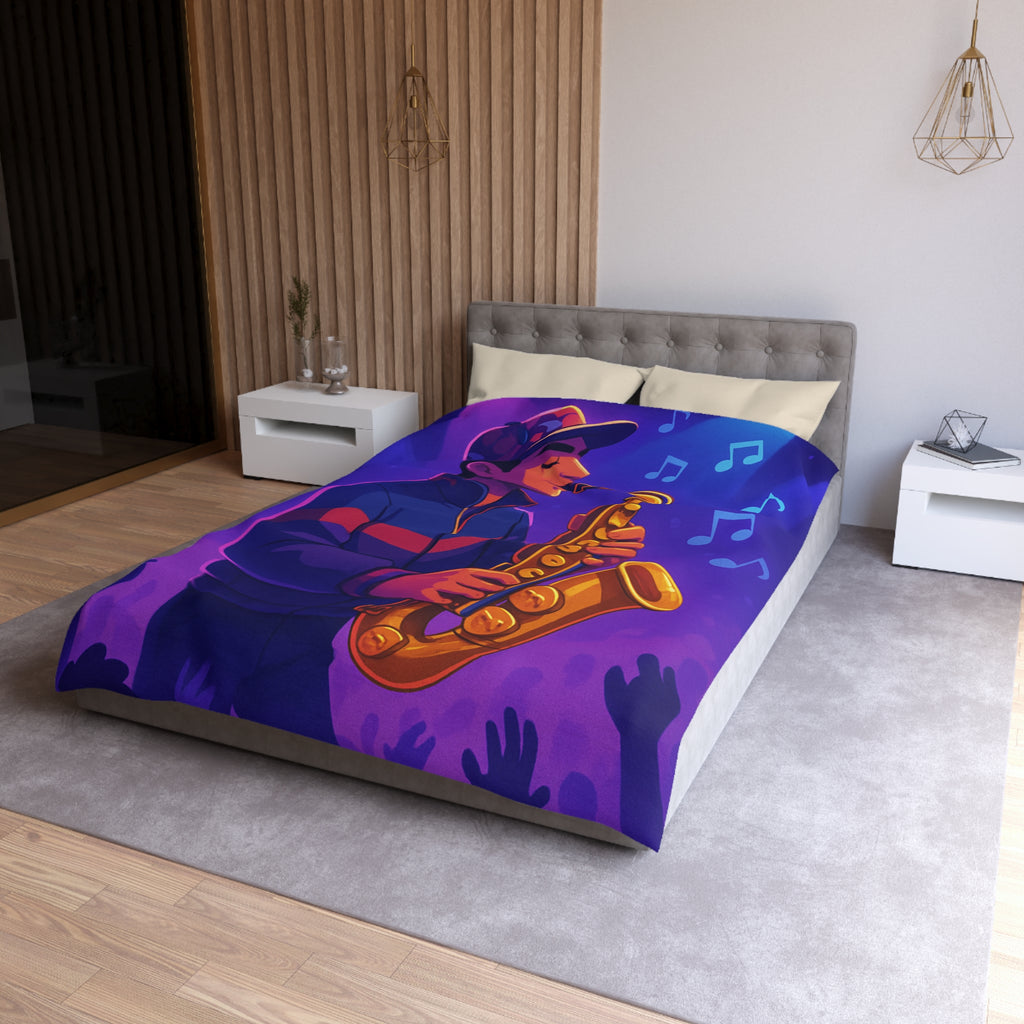 Jazz nocturne vibrant avec joueur de saxophone énergique sous lumières colorées et musique entraînante