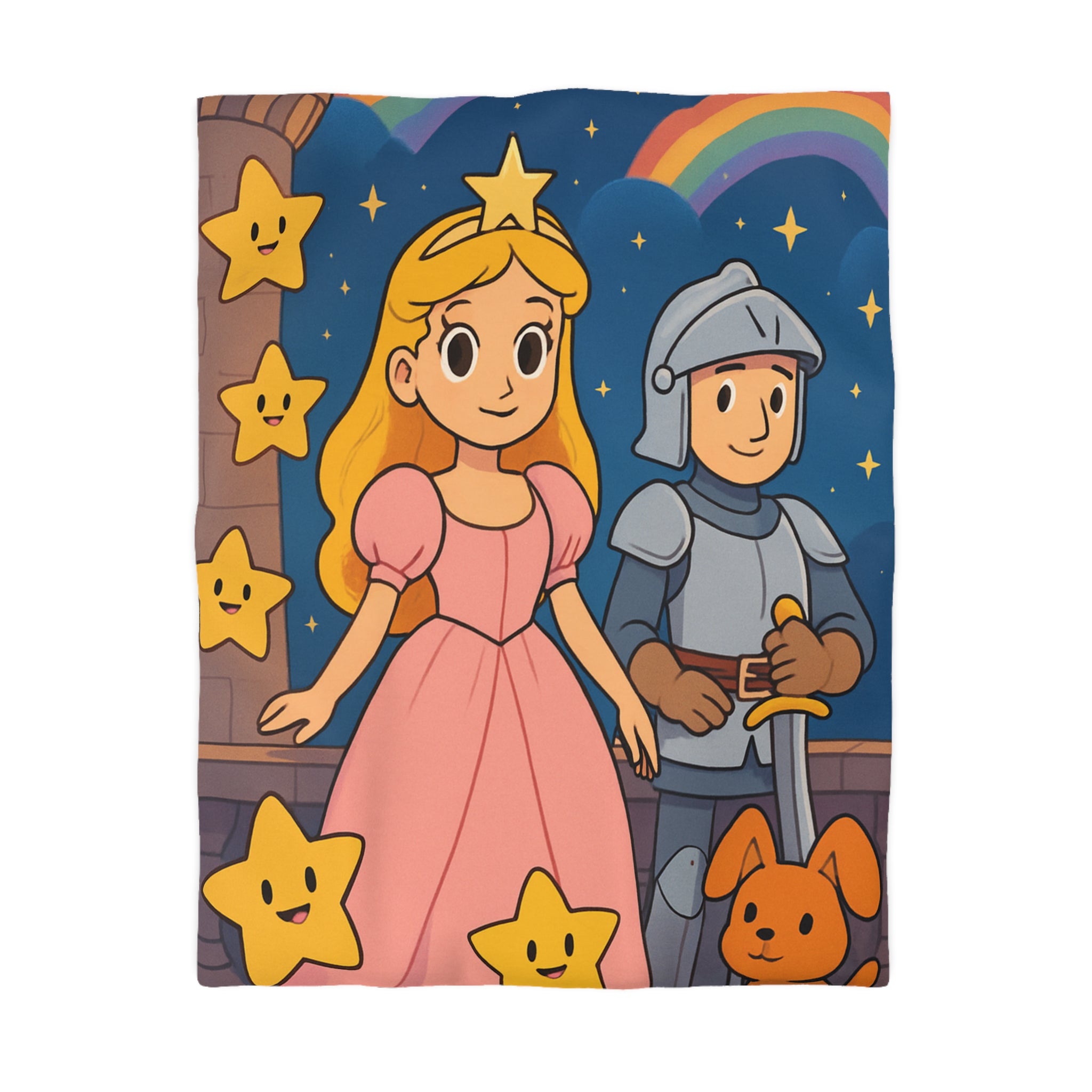 Housse de couette princesse et chevalier avec étoiles et arc-en-ciel magique