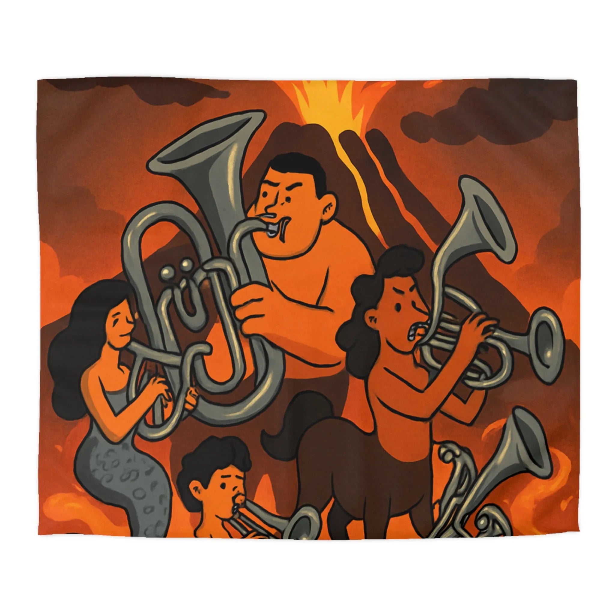 Housse de couette avec design mythique de musiciens sur fond volcanique flamboyant