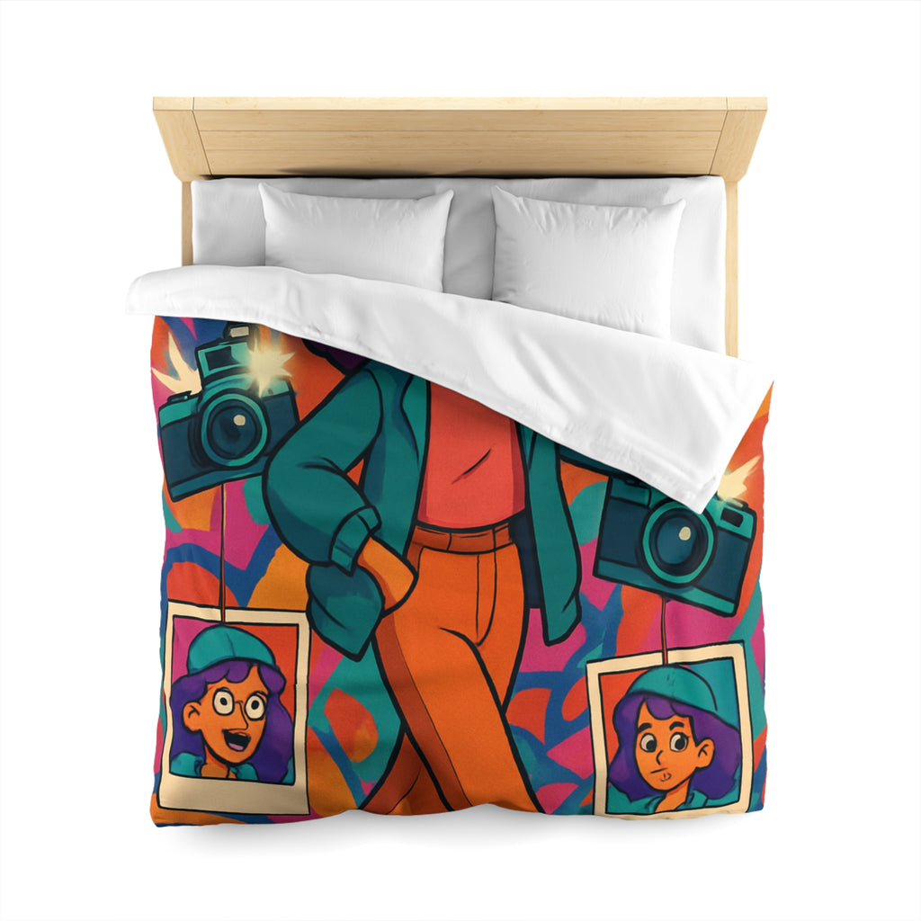 Housse de couette vivante avec personnage stylé marchant dans ambiance artistique colorée et ludique