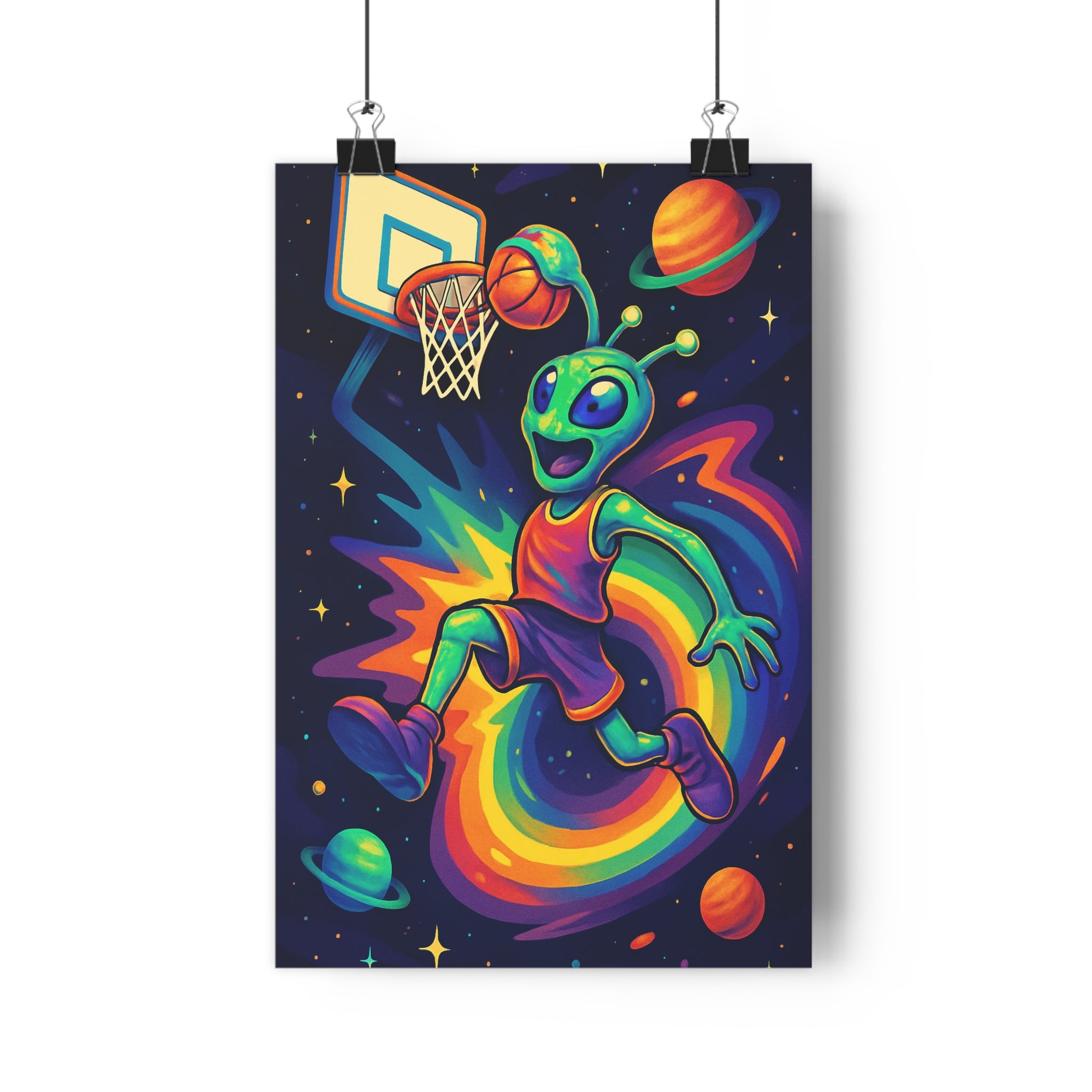 Poster décoratif extraterrestre basketball cosmique vert cartoon futuriste couleurs vives salon chambre enfant tendance
