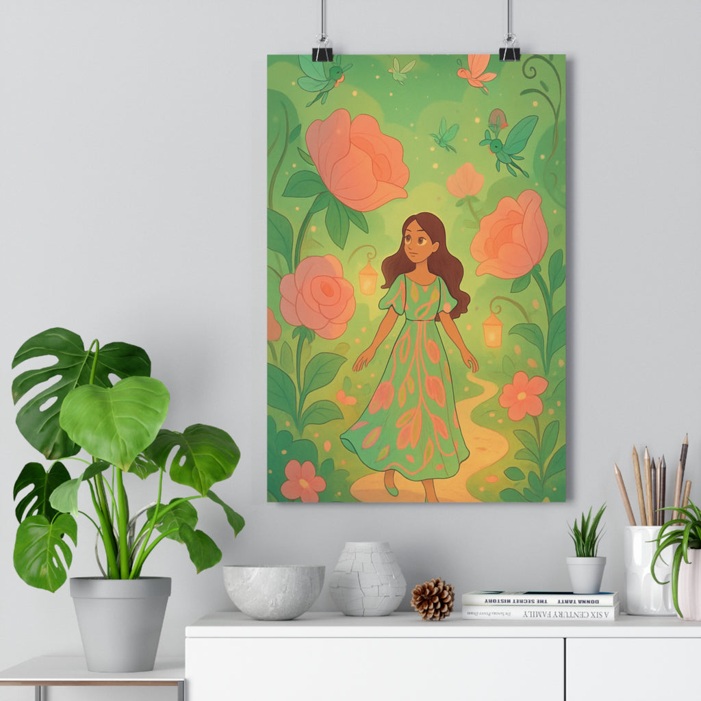 Poster décoratif cartoon enchanté vert rose magique enfant chambre créatif jardin féerique lumineux 30x46