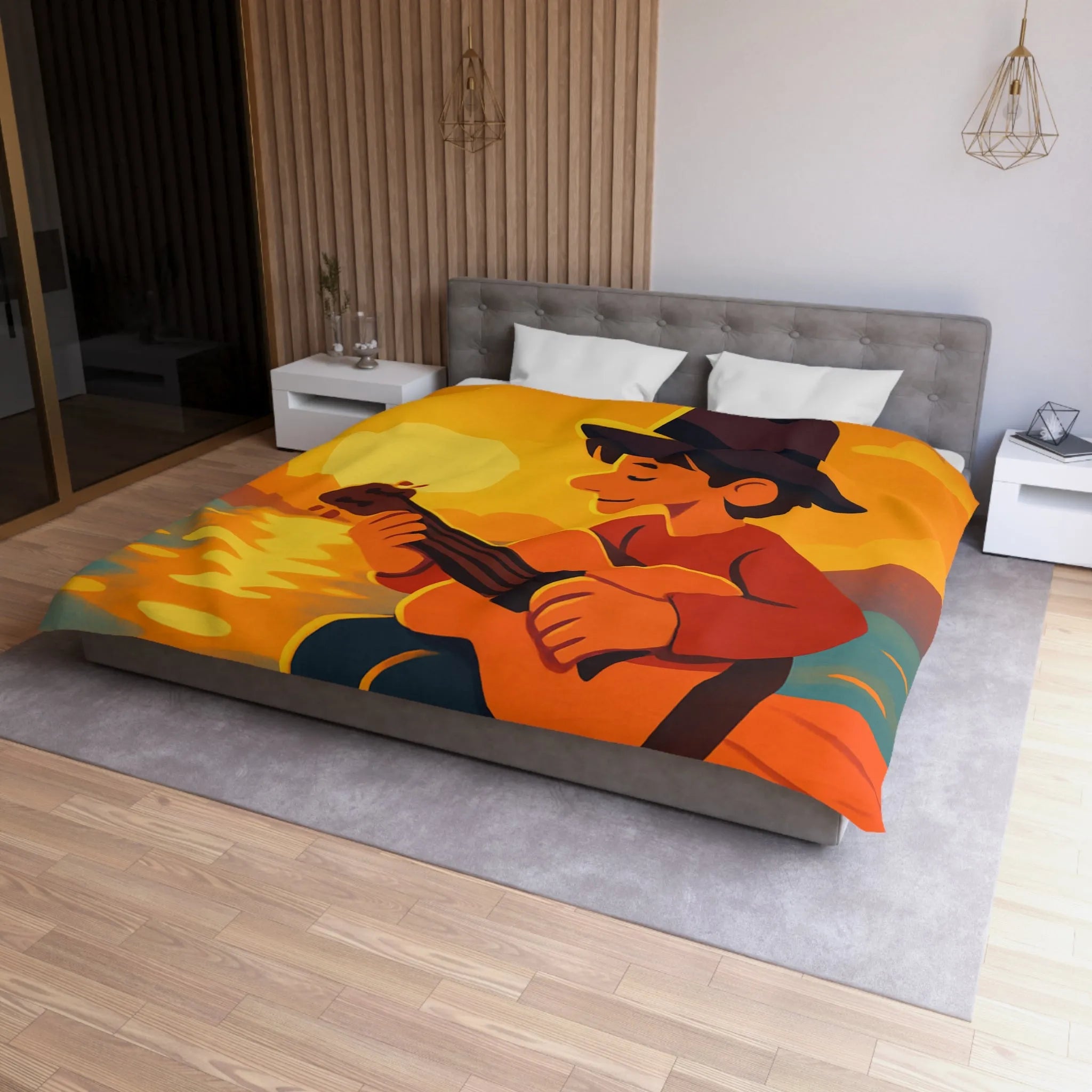 Housse de couette avec illustration relaxante d'un coucher de soleil et musicien