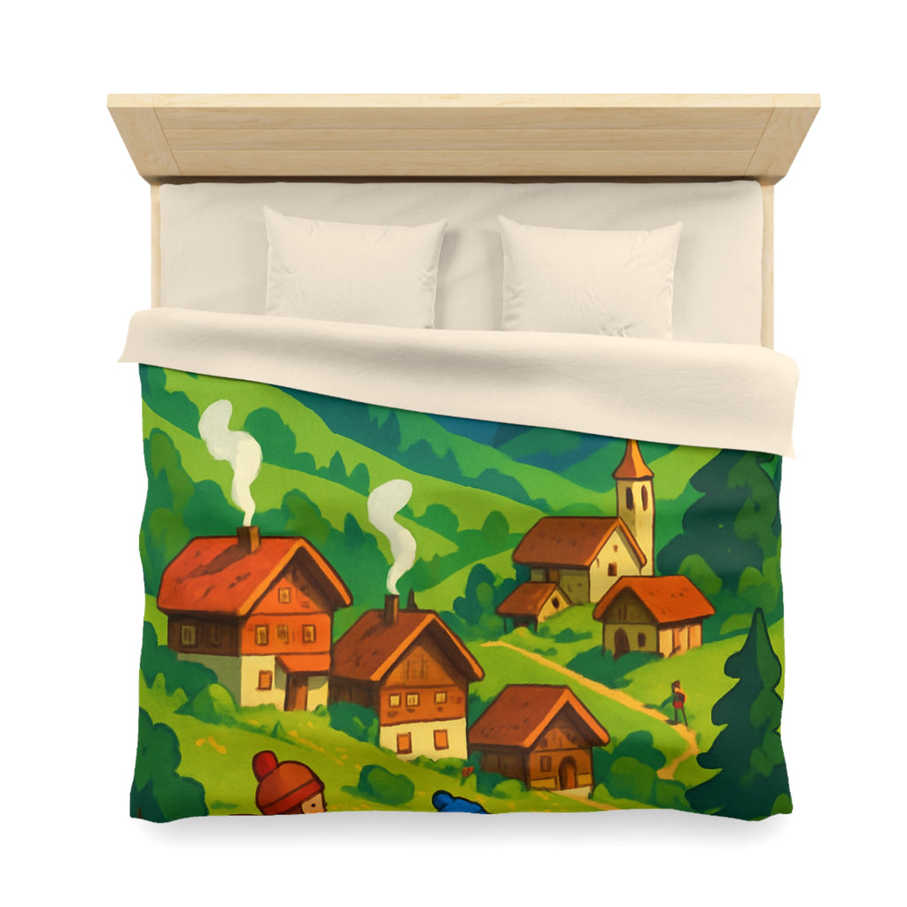 Housse de Couette Montagne avec Aventureurs, Chalets et Paysage Montagnard Enneigé