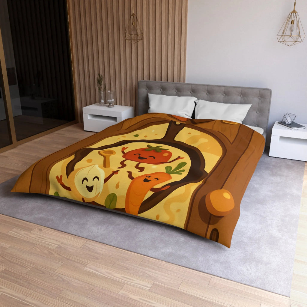 Housse de couette joyeuse avec légumes dans une poêle ambiance cuisine chaleureuse