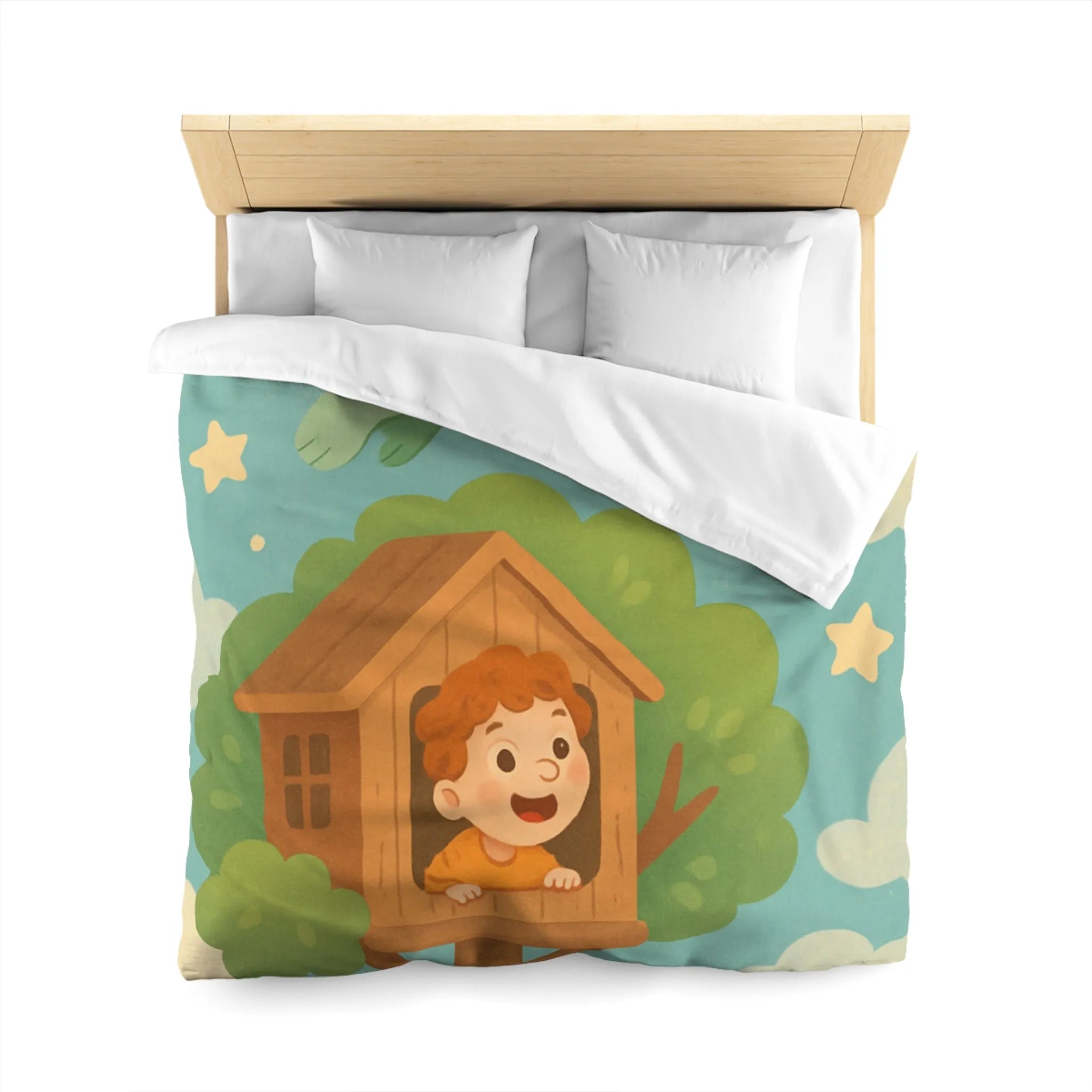 Housse de Couette Enfant Colorée avec Dragon, Maisonnette Arbre et Étoiles Féeriques