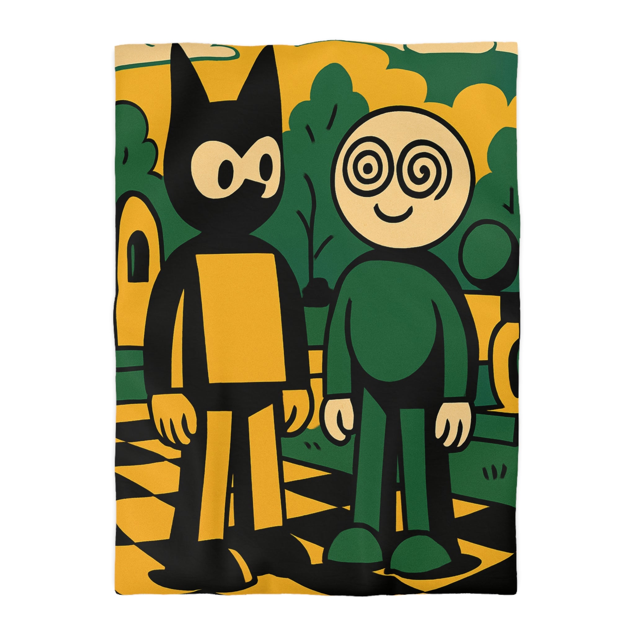 Housse de couette style pop-art cartoon avec personnages et paysage graphique original