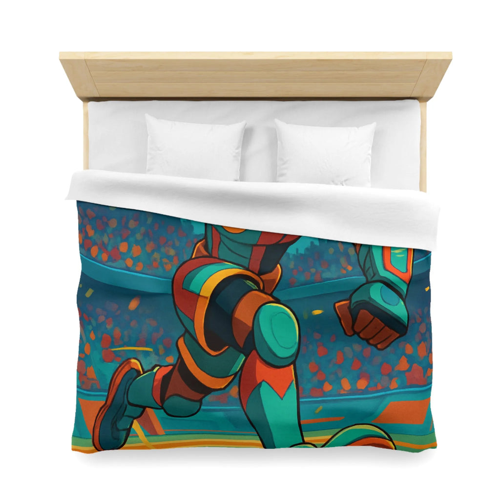 Housse de couette colorée avec joueur futuriste en action dans un stade dynamique