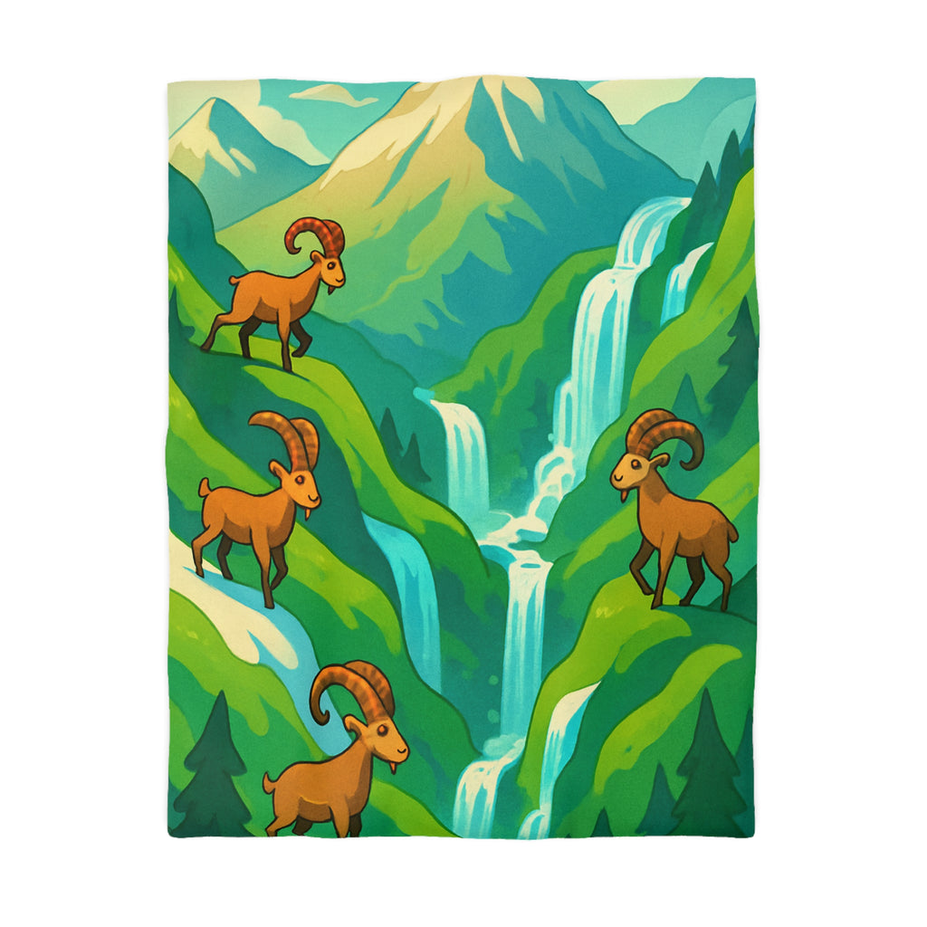 Housse de couette montagneuse avec bouquetins et cascades pour chambre paisible