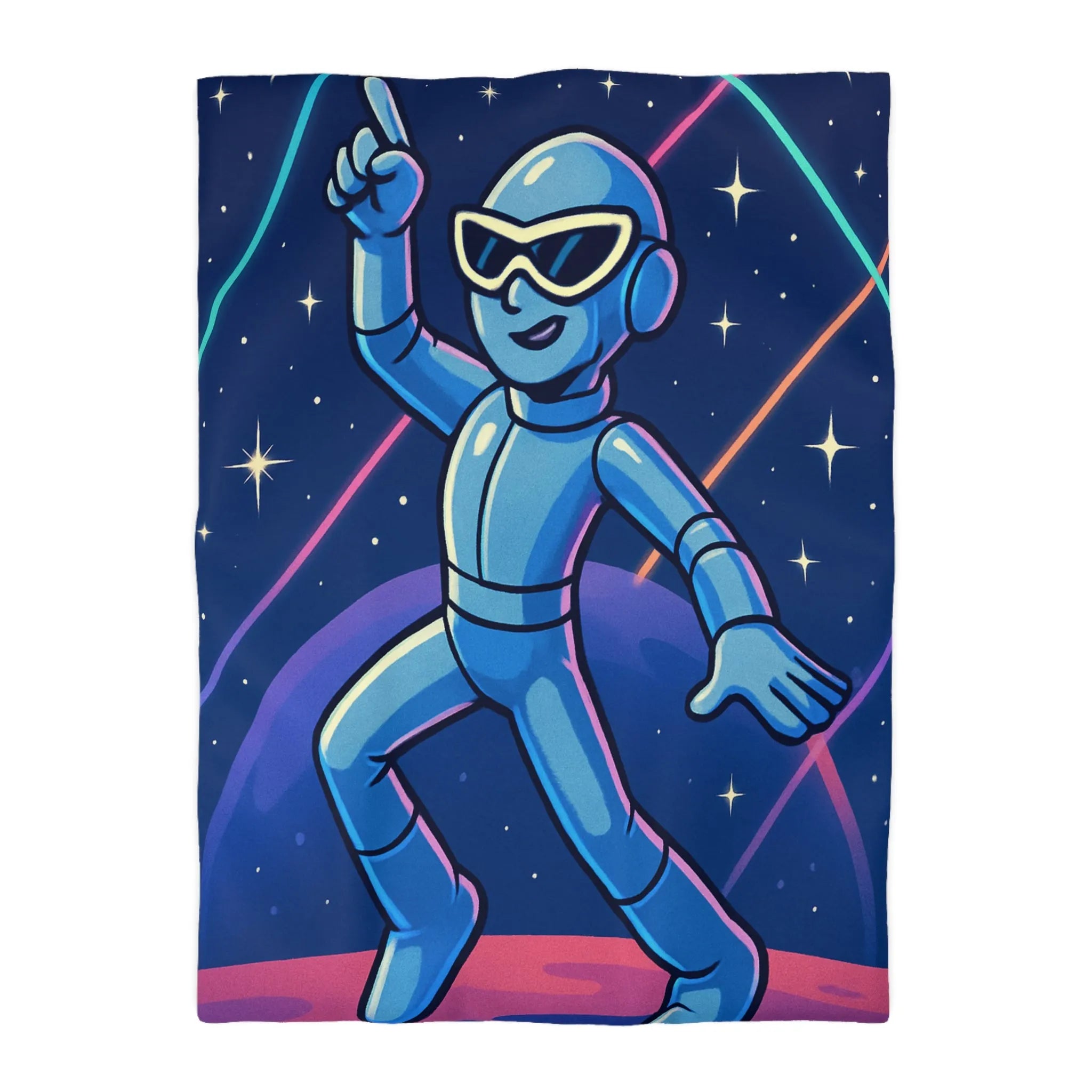 Housse de Couette Éclatante avec Robot dansant sur Fond Intergalactique Étoilé et Coloré