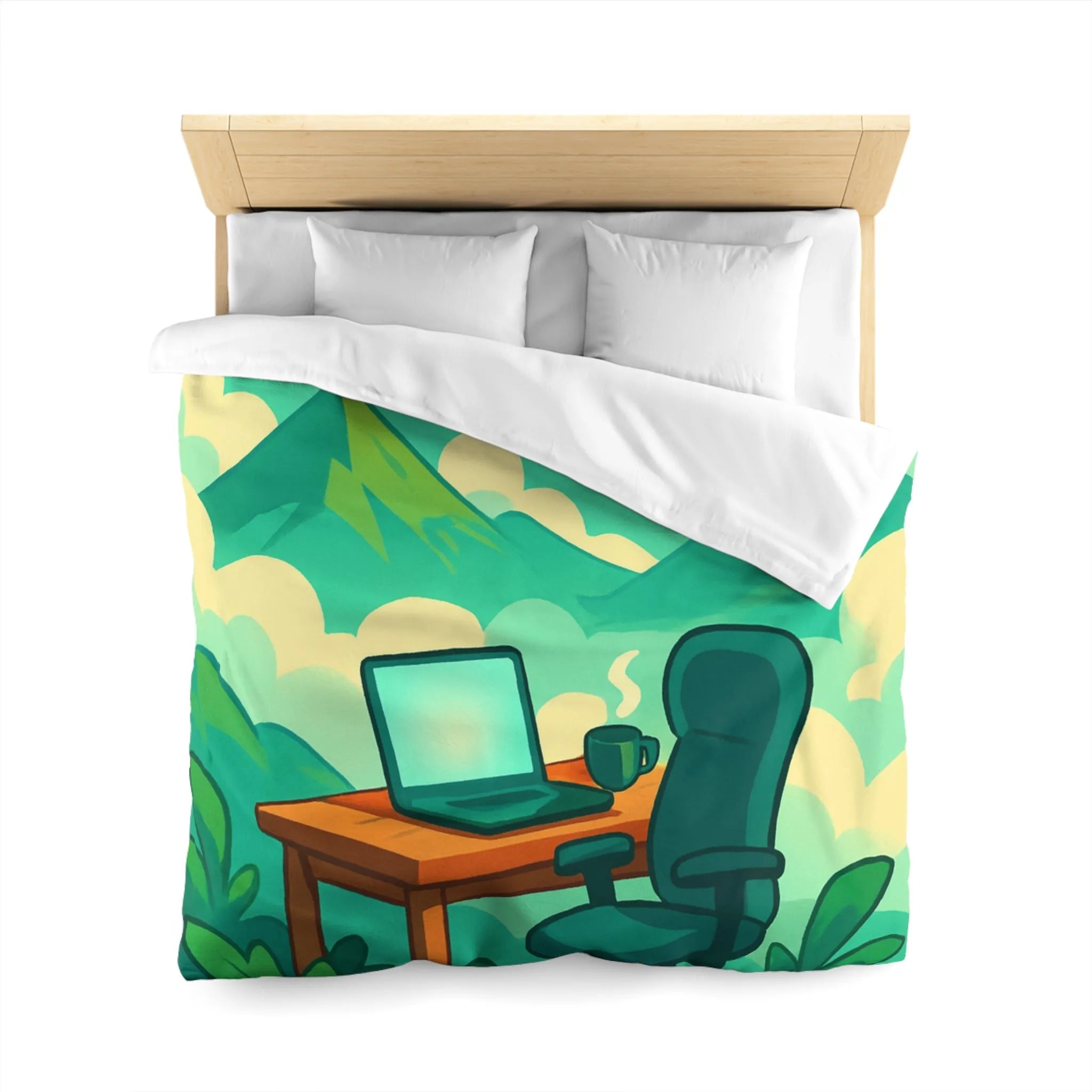 Housse de couette avec paysage de montagne, nature verdoyante, bureau et ciel serein