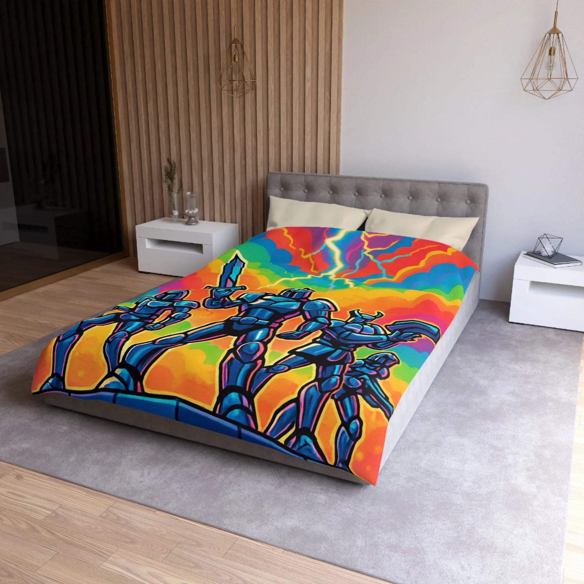 Housse de Couette Chevaliers Futuristes avec Épées et Fond Arc-En-Ciel Électrisant