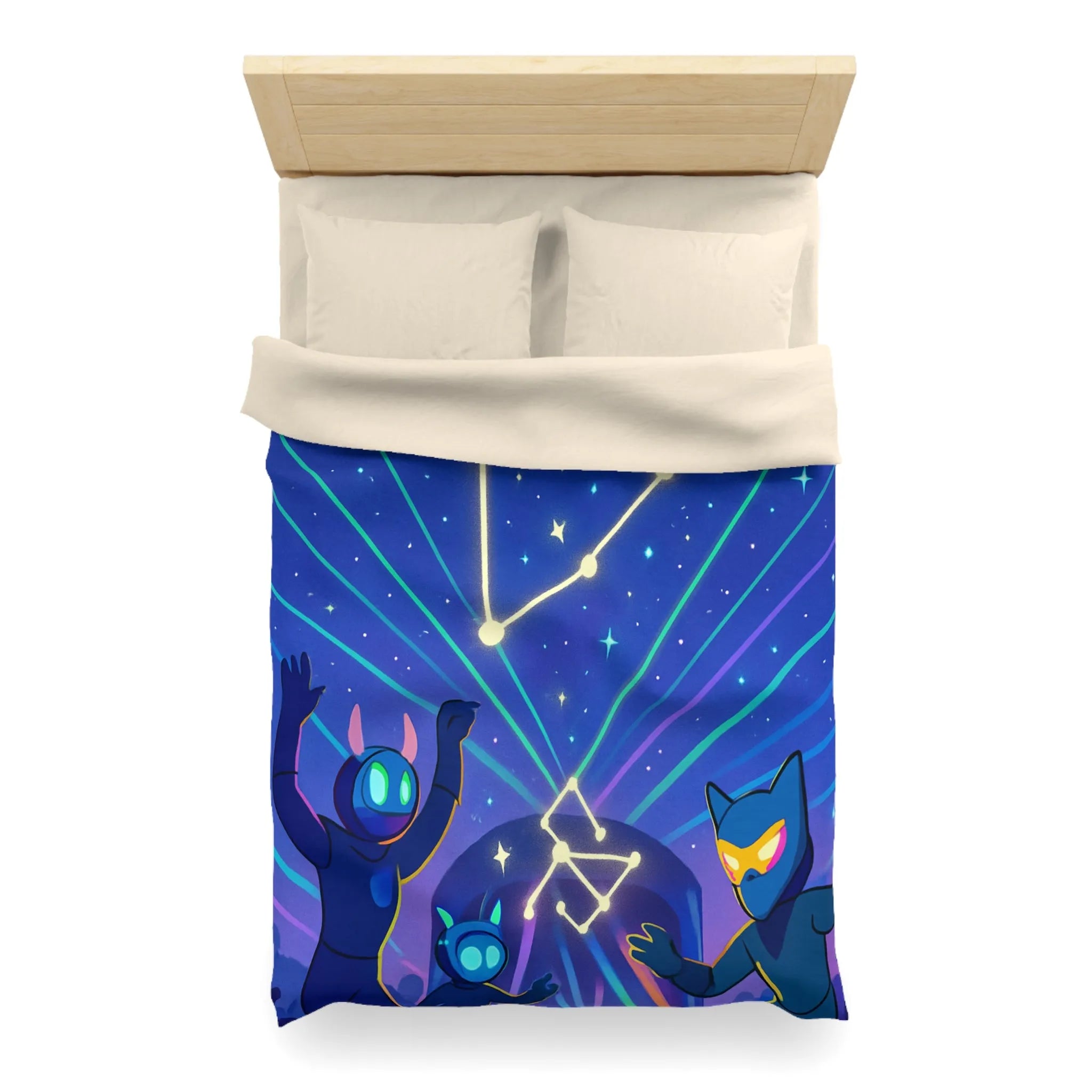 Housse de couette futuriste étoiles et créatures dansant sous un ciel étoilé lumineux