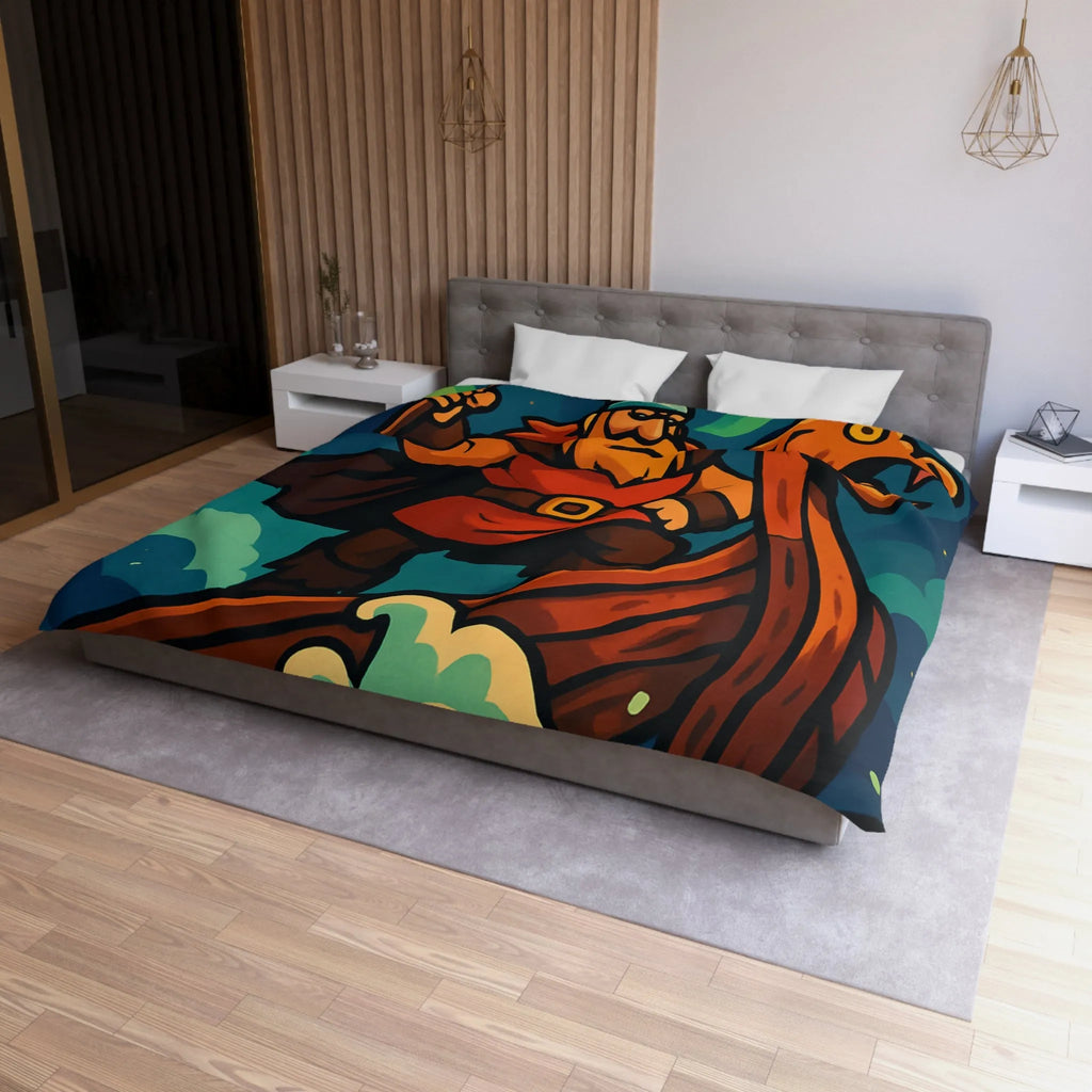 Housse de couette illustrée avec guerrier viking sur drakkar et aurores boréales