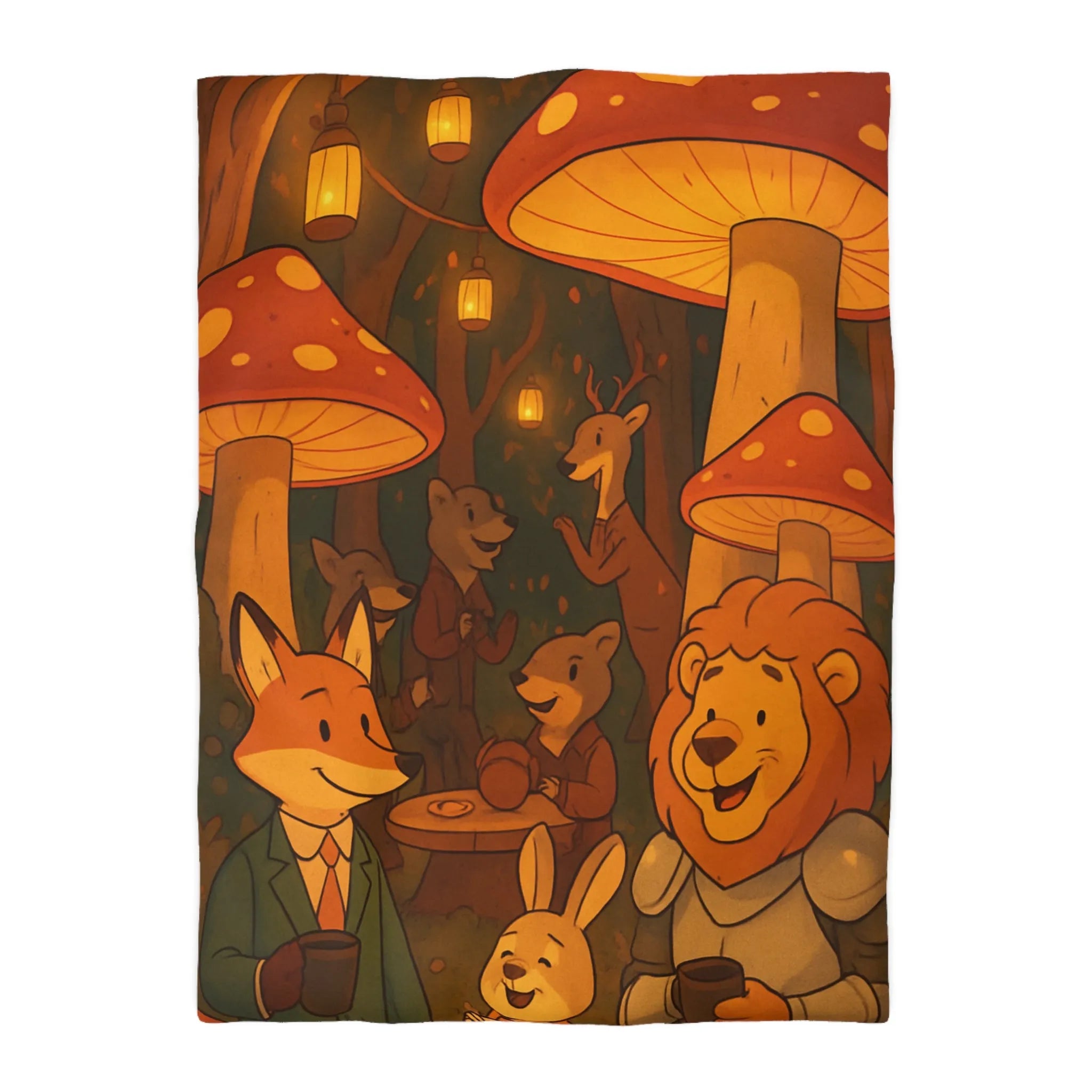 Housse de couette enchantée avec animaux sous champignons géants dans une forêt magique