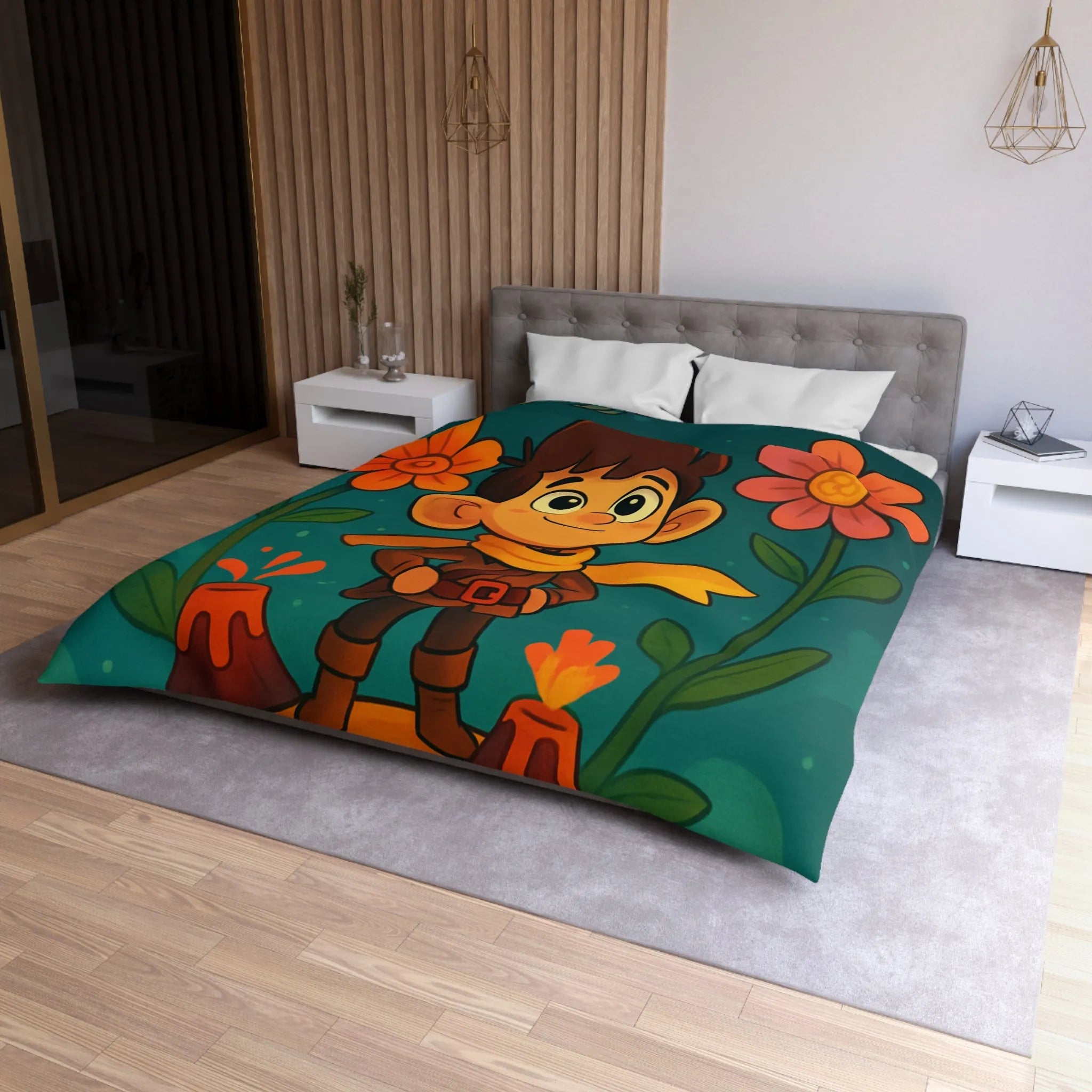 Housse de Couette Enfantine : Aventure Fantastique sur Volcan Fleuri Coloré et Amusant