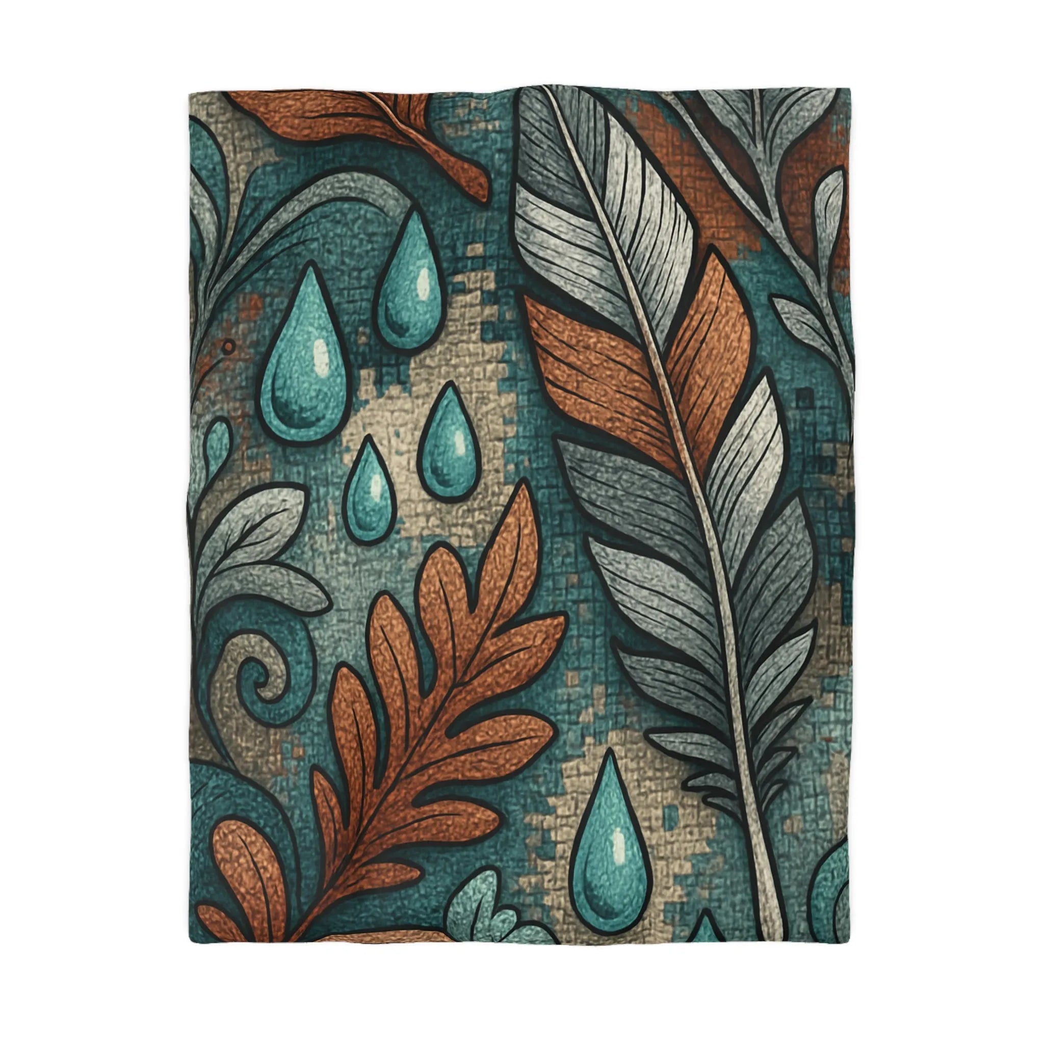 Housse de Couette Élégante avec Plumes et Feuilles, Teintes Bleues et Oranges