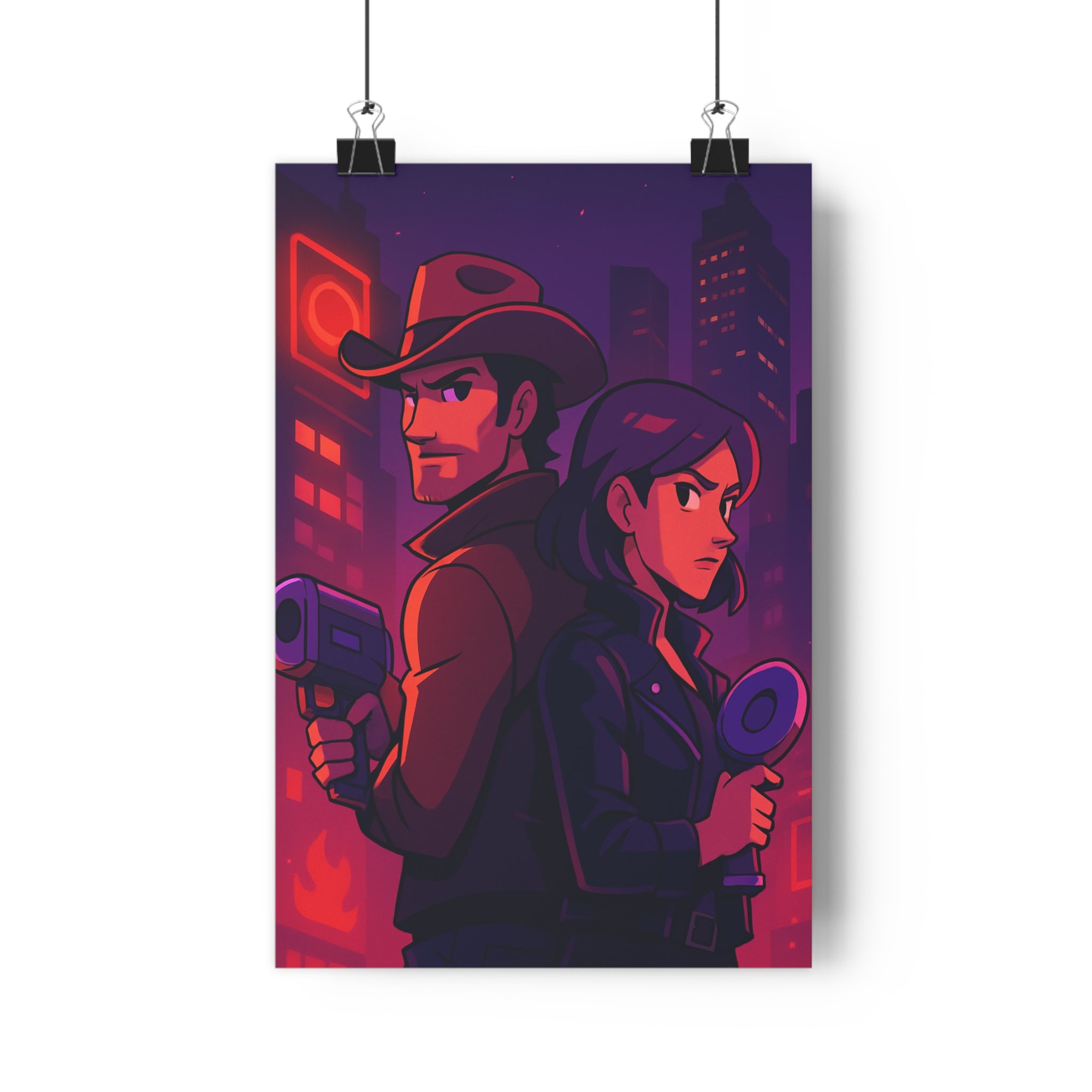 Poster décoratif violet rouge cyberpunk aventure mystérieux salon moderne dynamique personnage futuriste art tendance