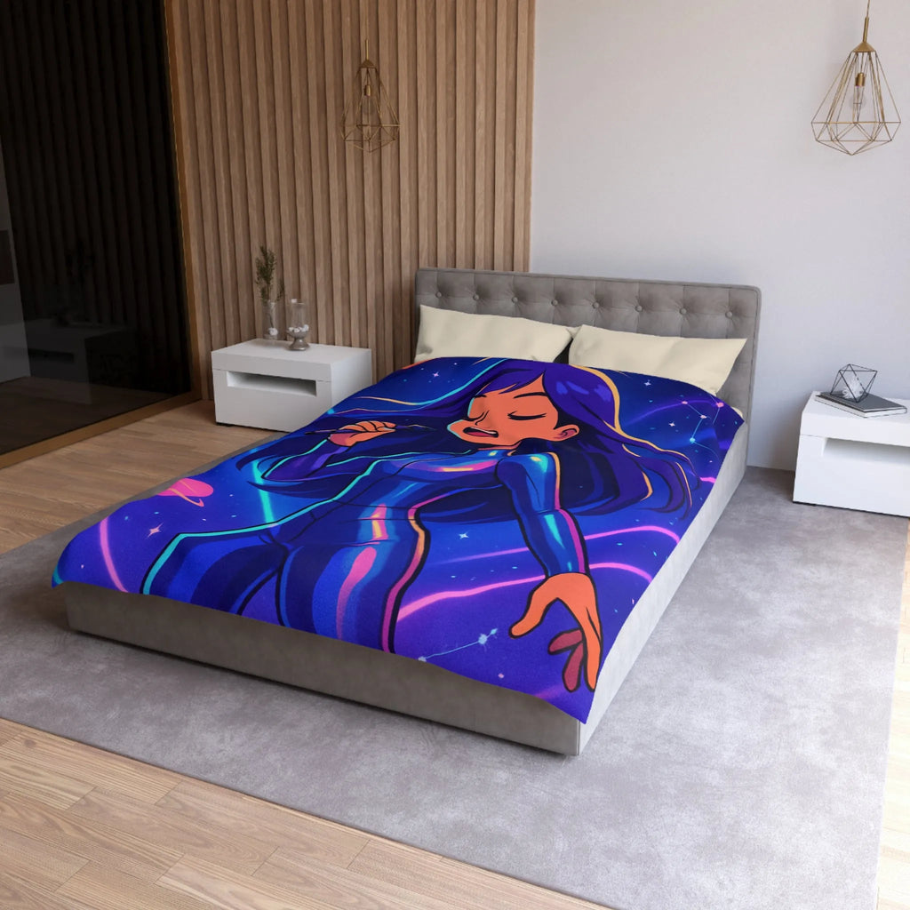 "Housse de couette galaxie: chanteuse en combinaison bleue avec planètes et étoiles brillantes"