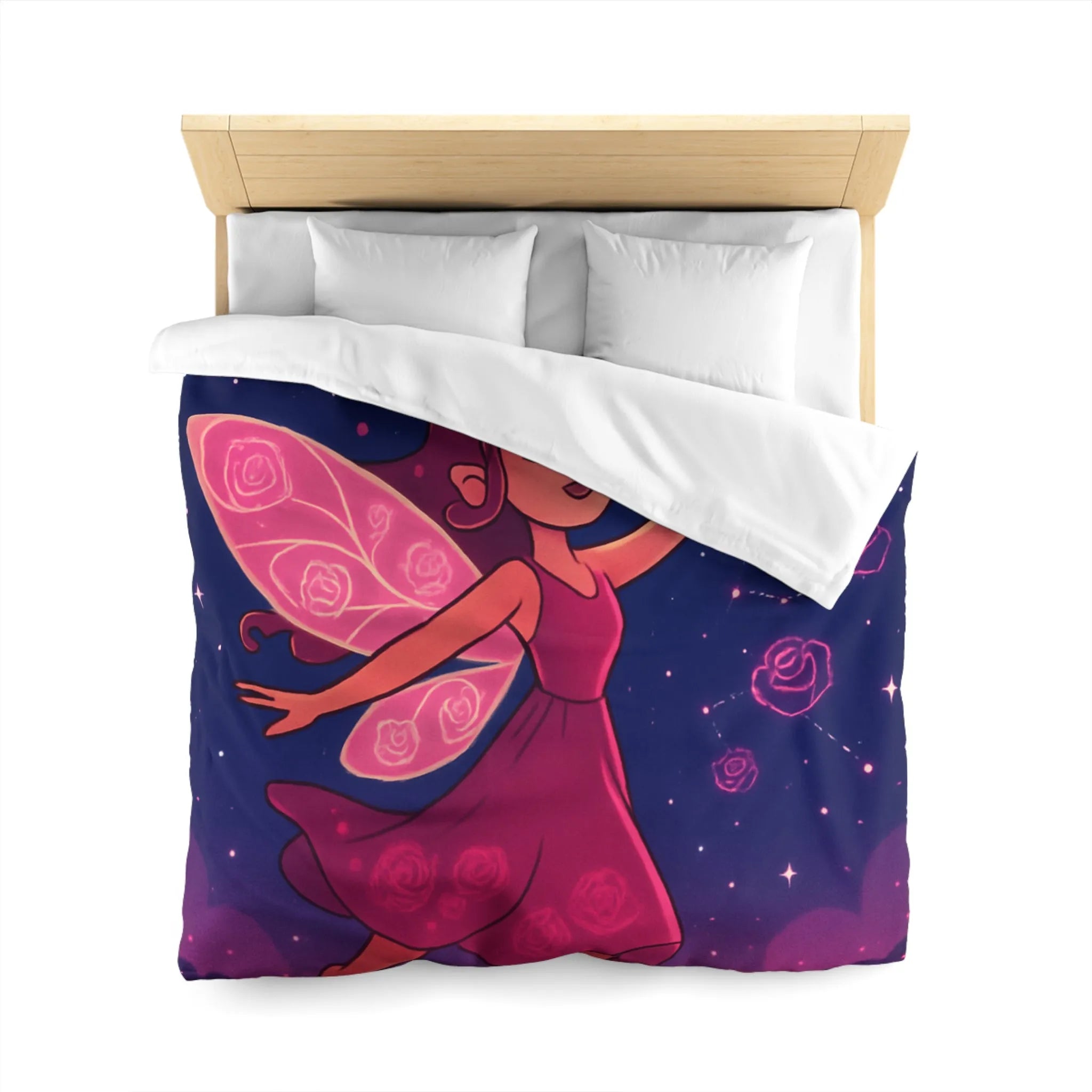 Enchanting Fairy with Wings and Glowing Roses under a Starry Night Sky