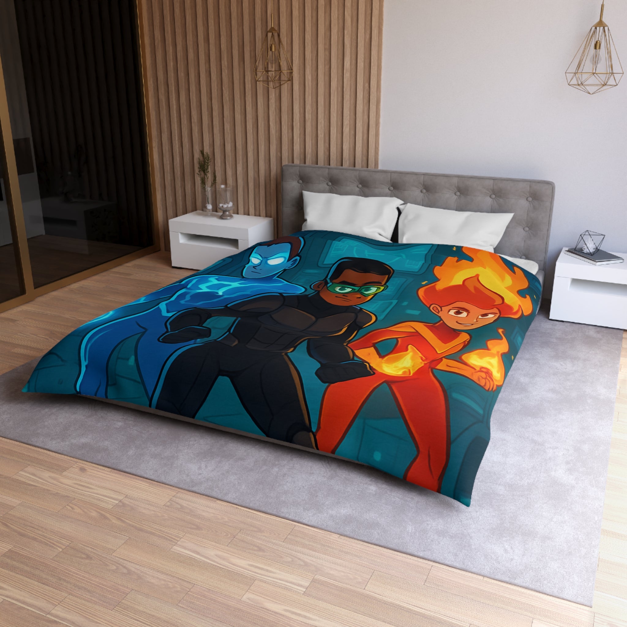 Housse de couette super-héros colorée avec motifs de feu, glace et technologie futuriste