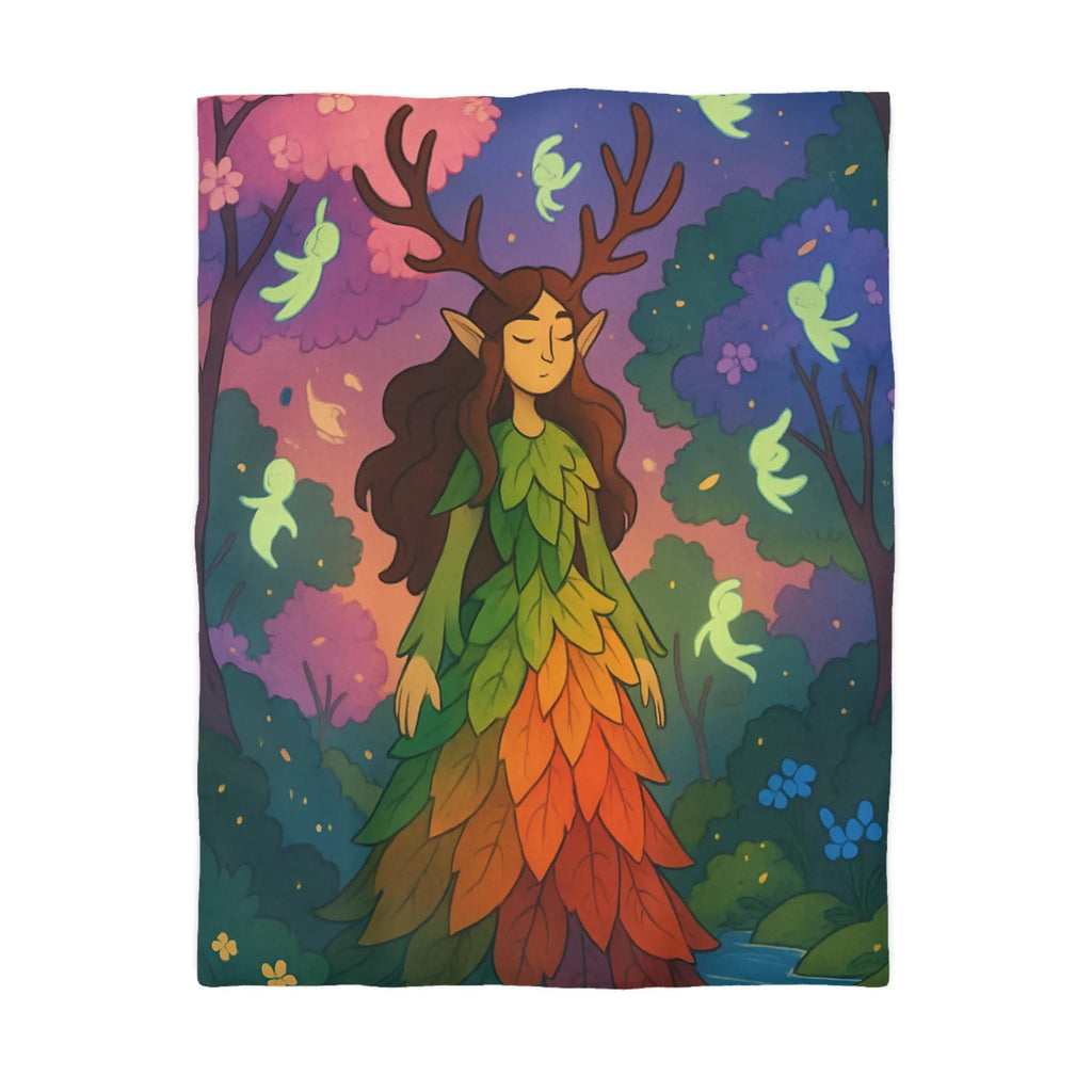 Housse de couette féerique forêt avec créatures lumineuses, design feuilles arc-en-ciel enchanteur