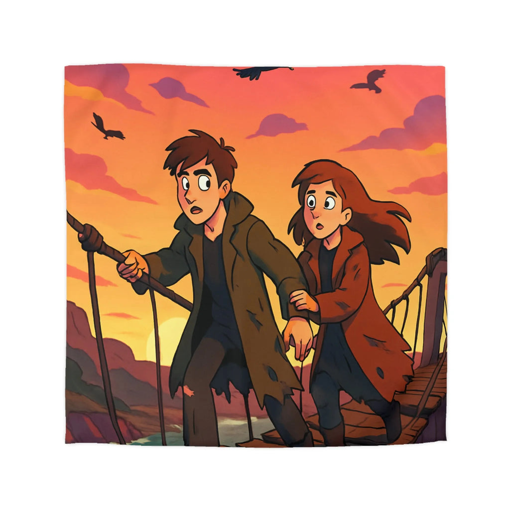 Housse de couette avec pont suspendu et ciel orange au coucher du soleil