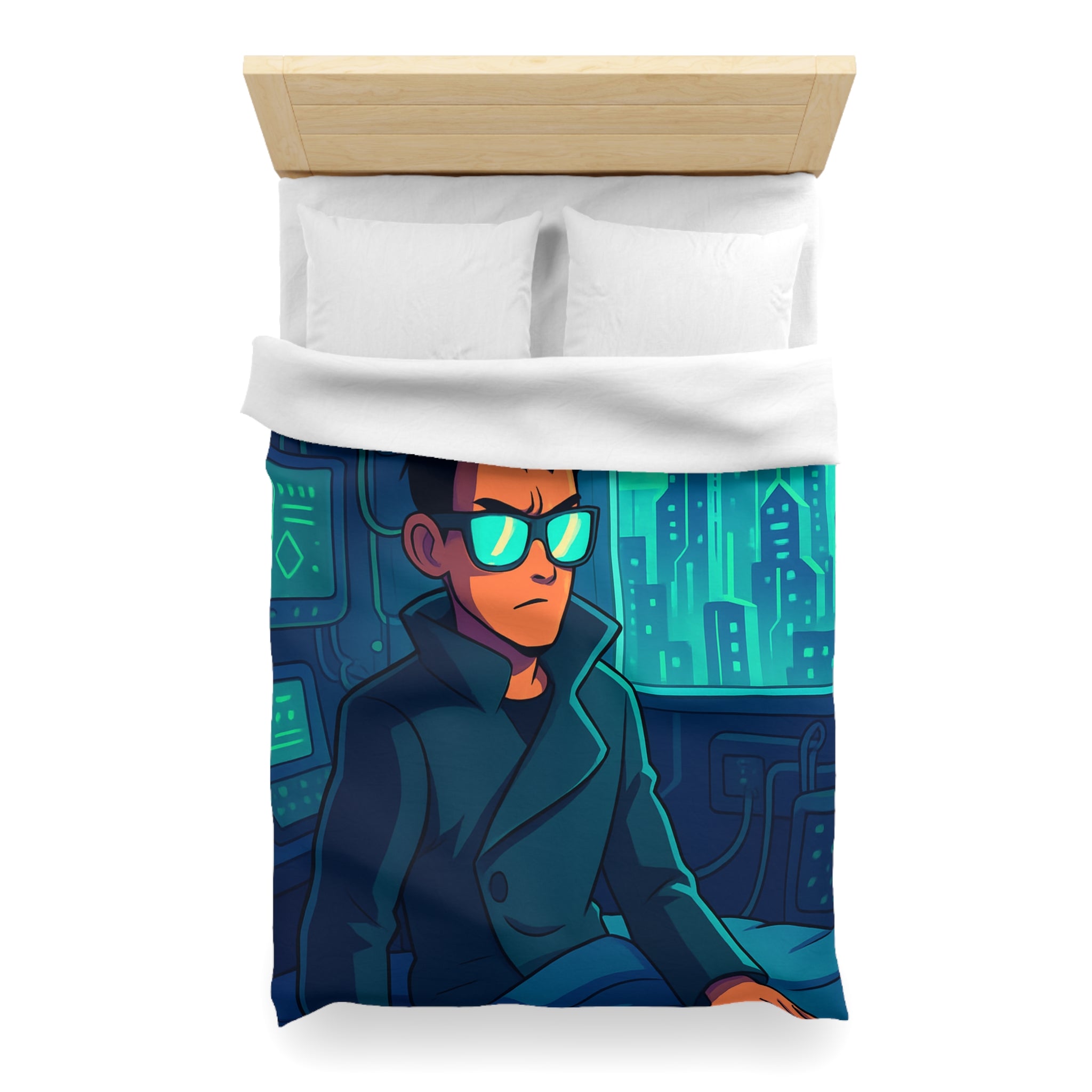 Housse de couette urbaine homme élégant en manteau dans appartement futuriste avec écran