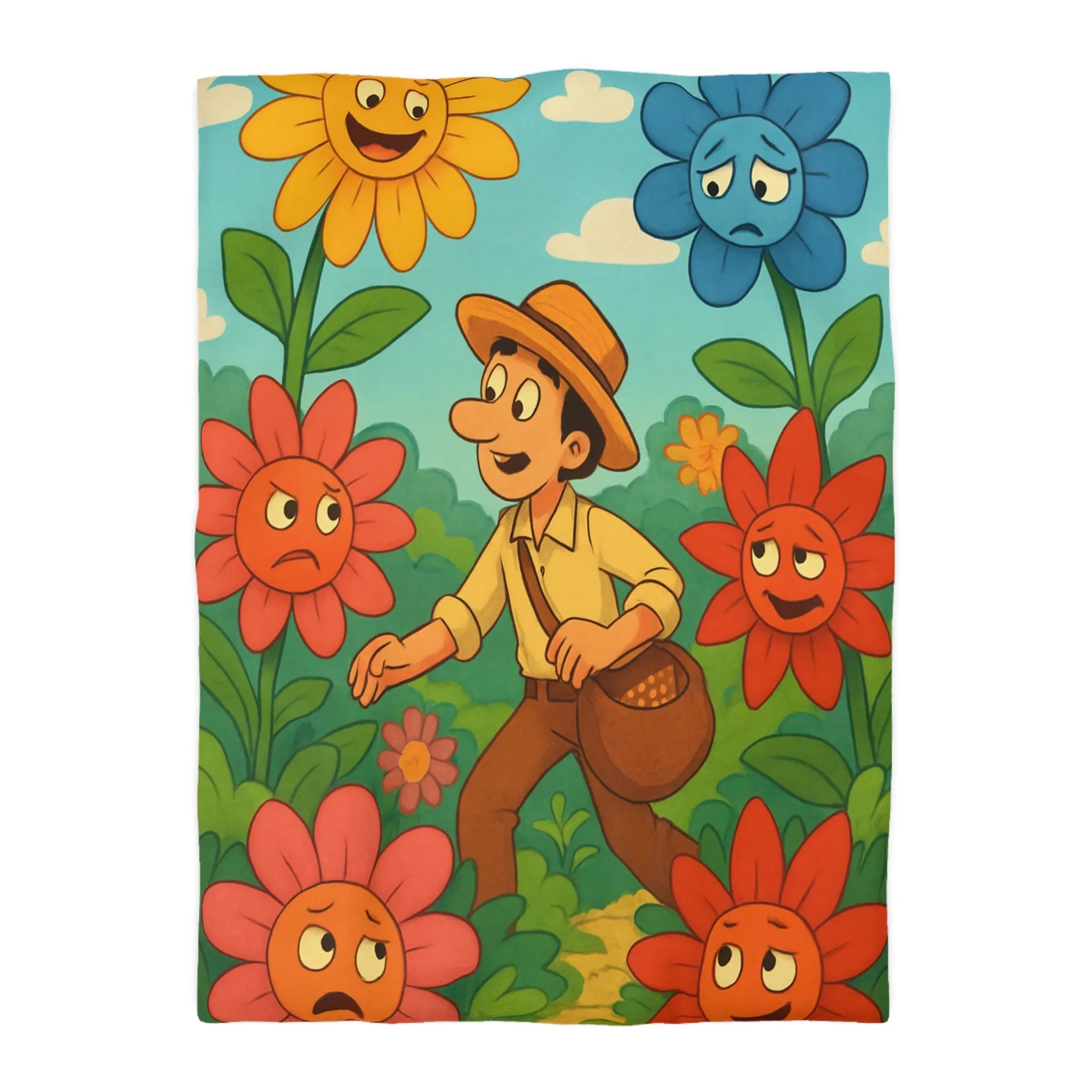 Housse de couette colorée avec jardin de fleurs expressives et personnage en promenade