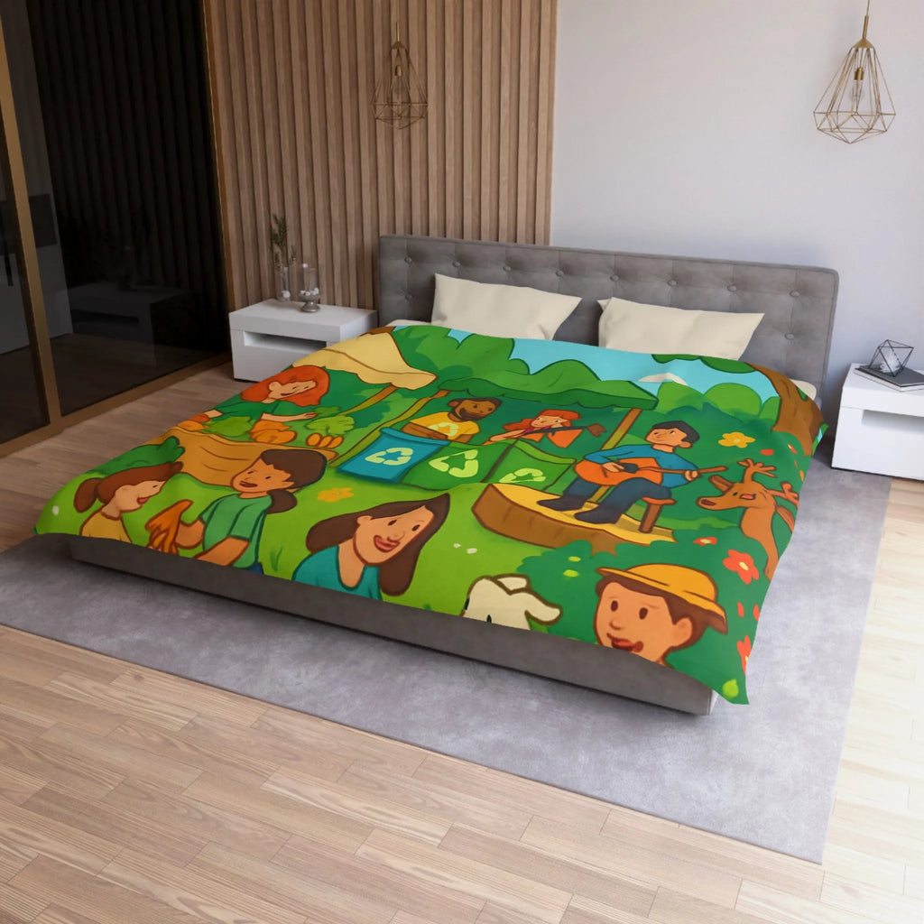 Housse de Couette Enfant Champêtre Animée avec Animaux et Marché en Été