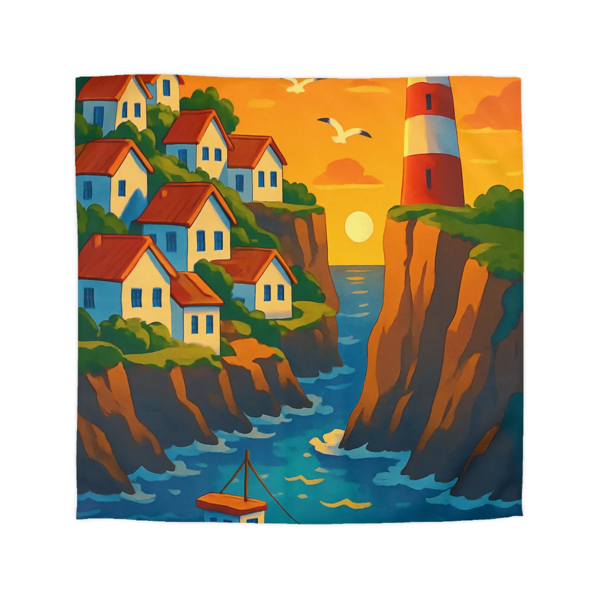 Housse de couette avec paysage côtier et phare pour chambre relaxante et colorée