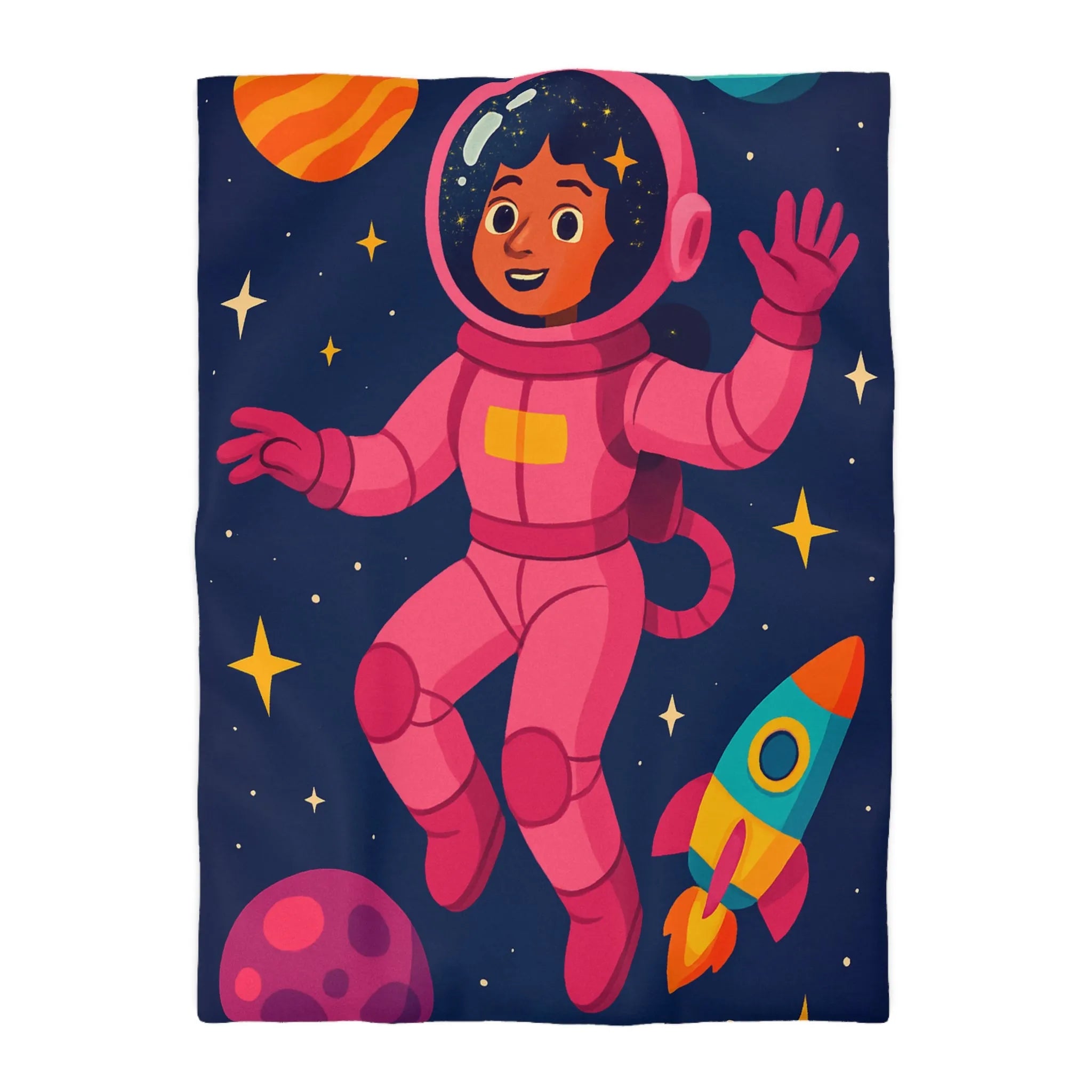 Housse de couette enfant avec astronaute rose et planètes colorées en fond spatial