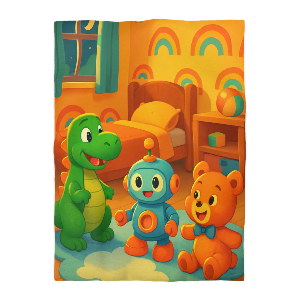 Housse de Couette Enfant Dinosaure, Robot et Ours Orange avec Arc-en-Ciel Coloré