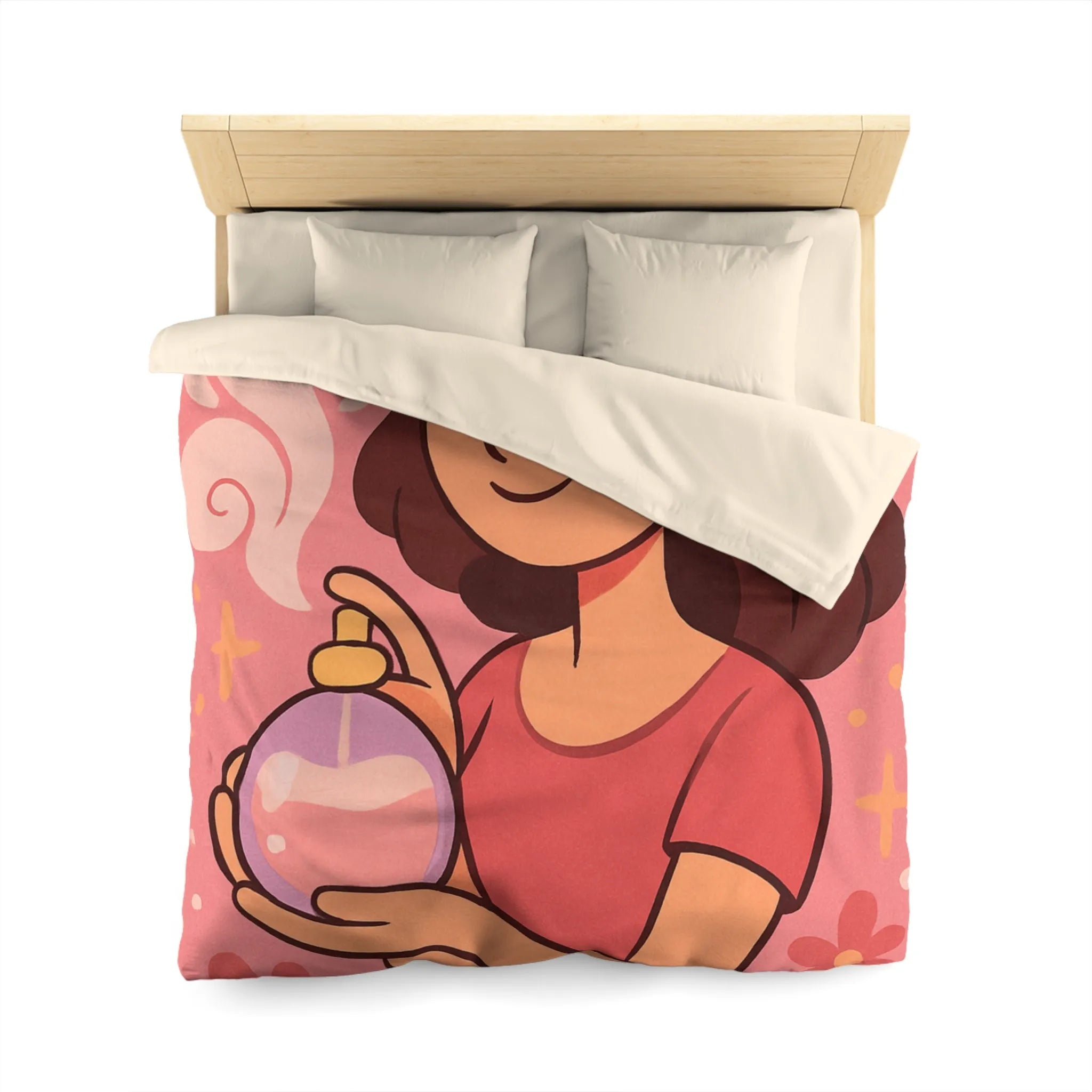 Housse de couette illustration parfum avec femme souriante tenue bouteille contre fond rose