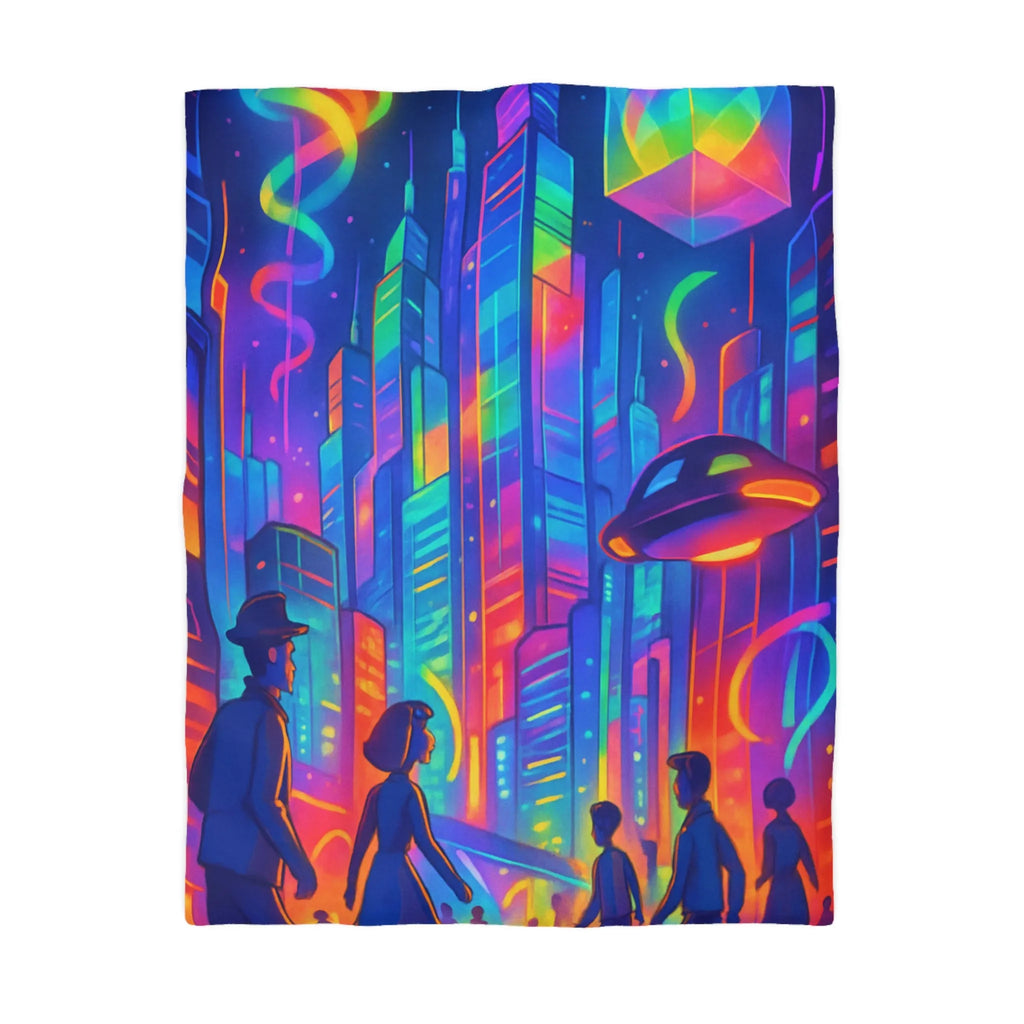 Housse de Couette Colorée Scène Urbaine Futuriste avec Illusions d'Optique Dynamiques et Vives