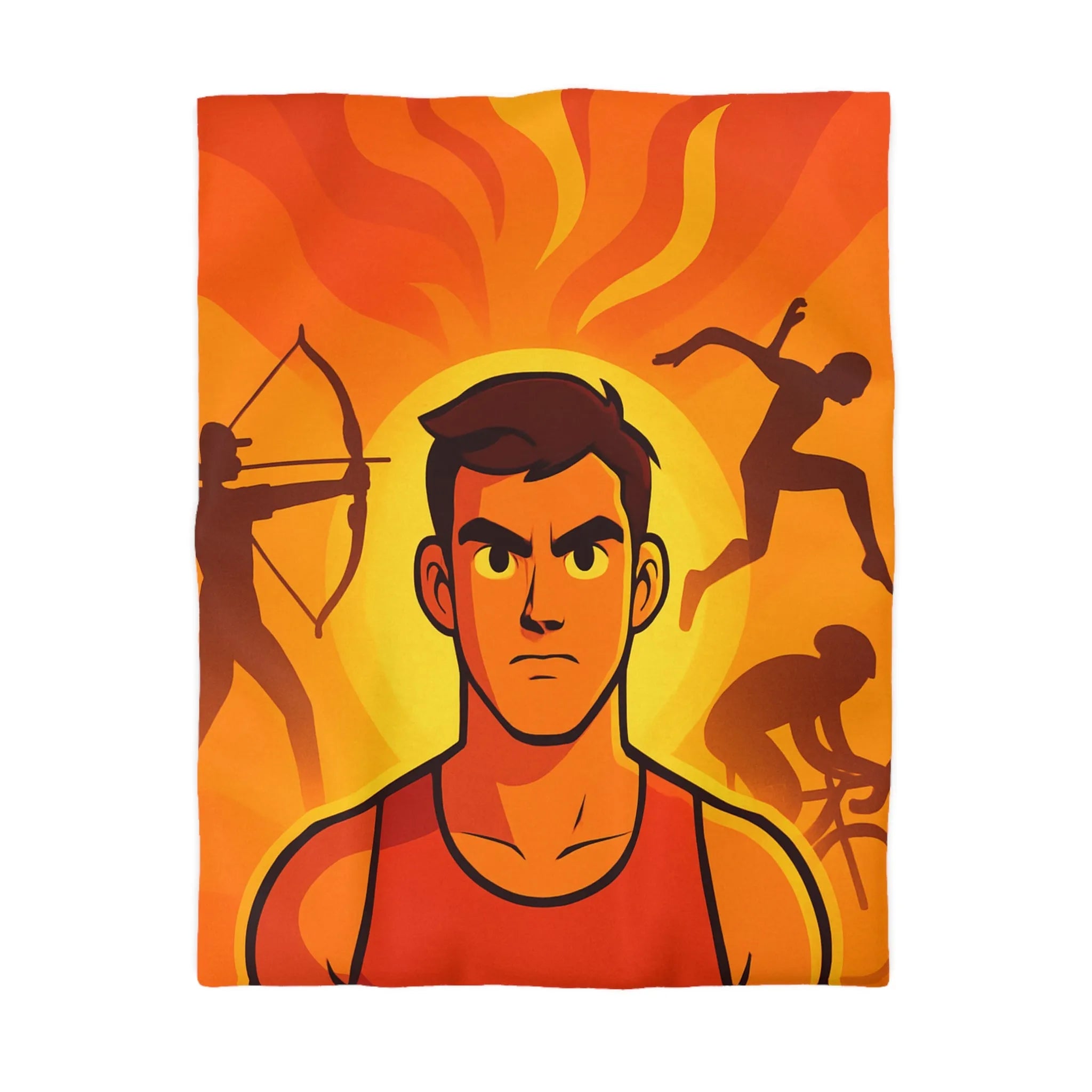 Housse de couette dynamique orange avec motifs sportifs et personnages déterminés en action