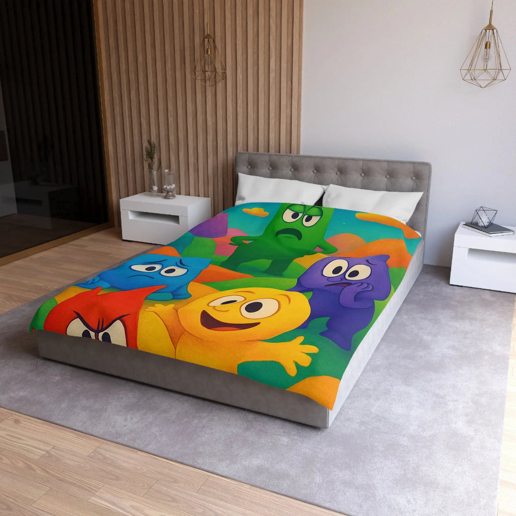 Housse de couette colorée avec personnages expressifs sur fond de collines arc-en-ciel