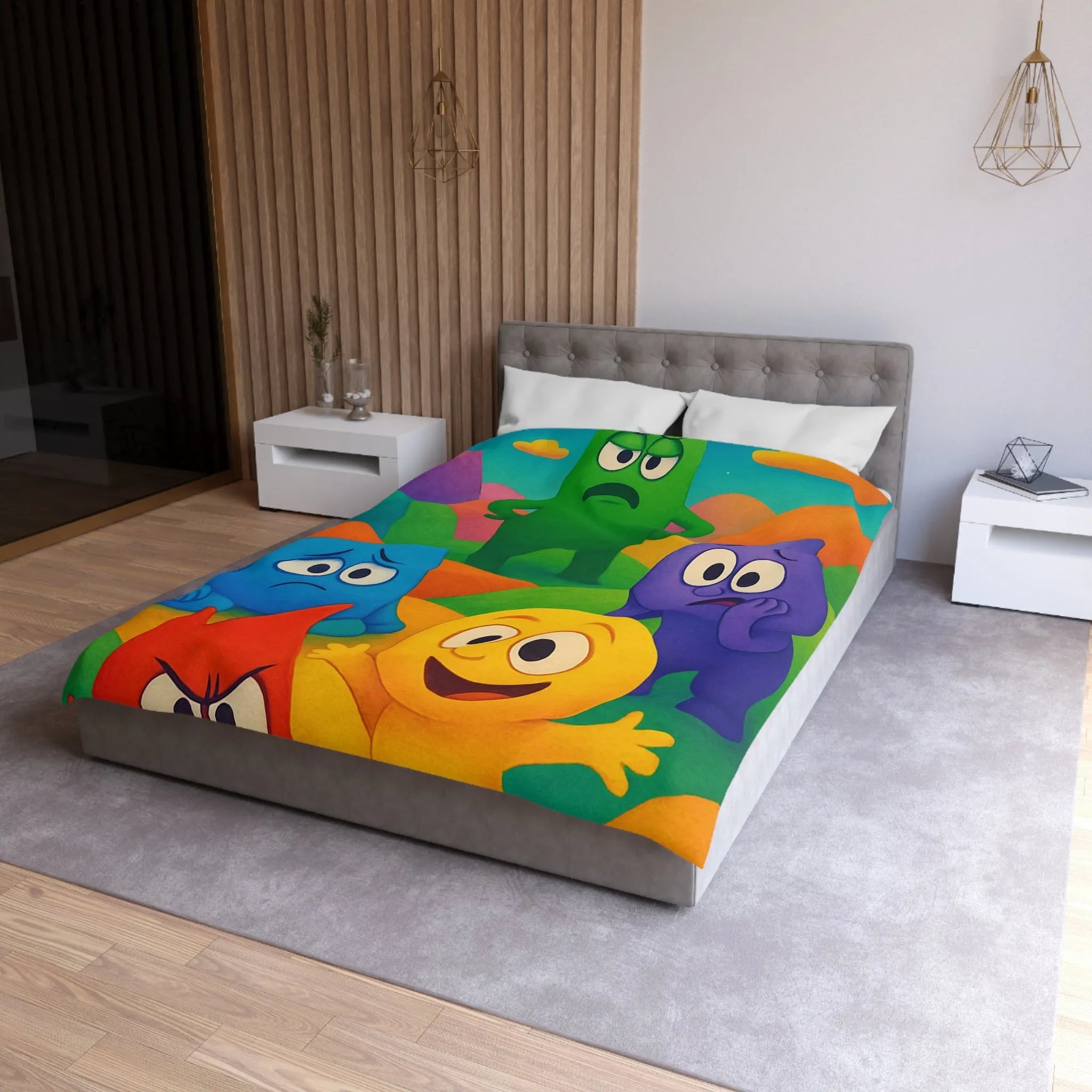 Housse de couette colorée avec personnages expressifs sur fond de collines arc-en-ciel