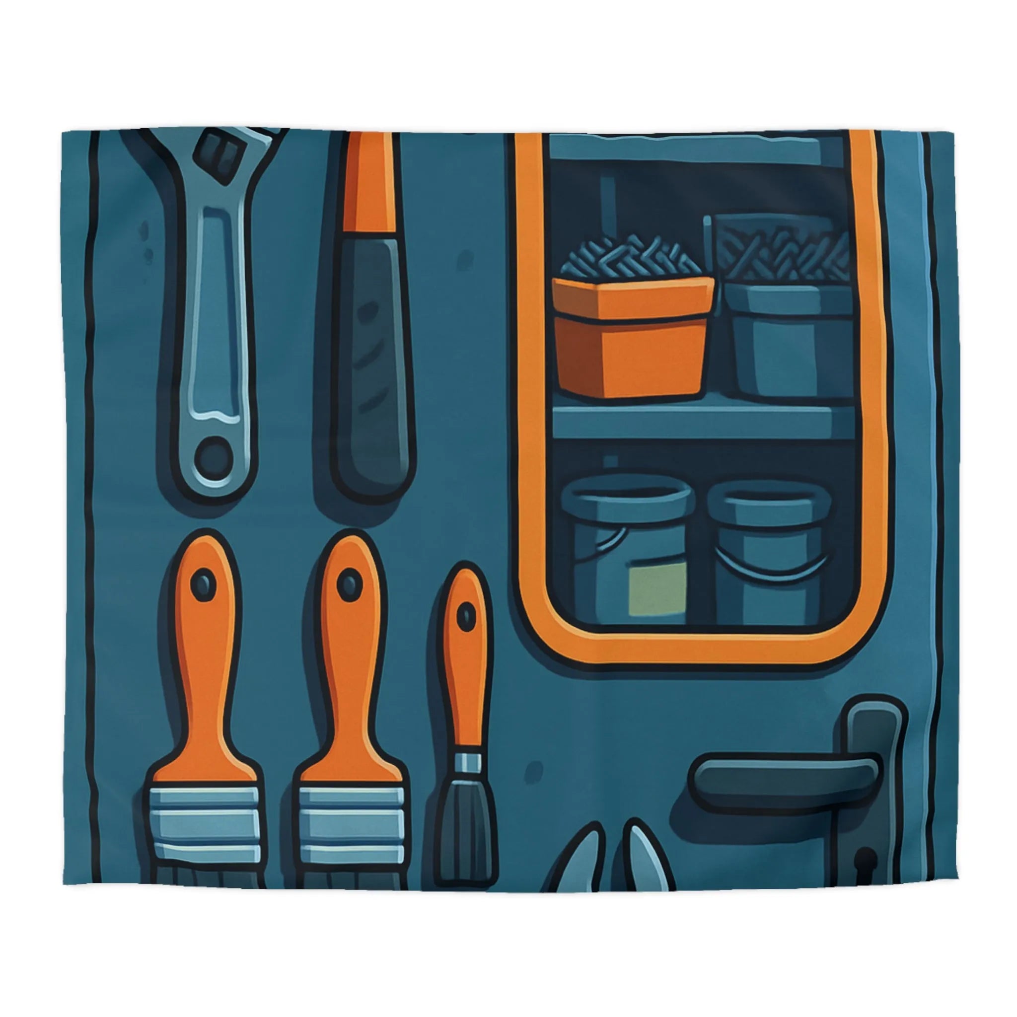 Housse de couette bleue avec outils et étagères pour atelier créatif moderne