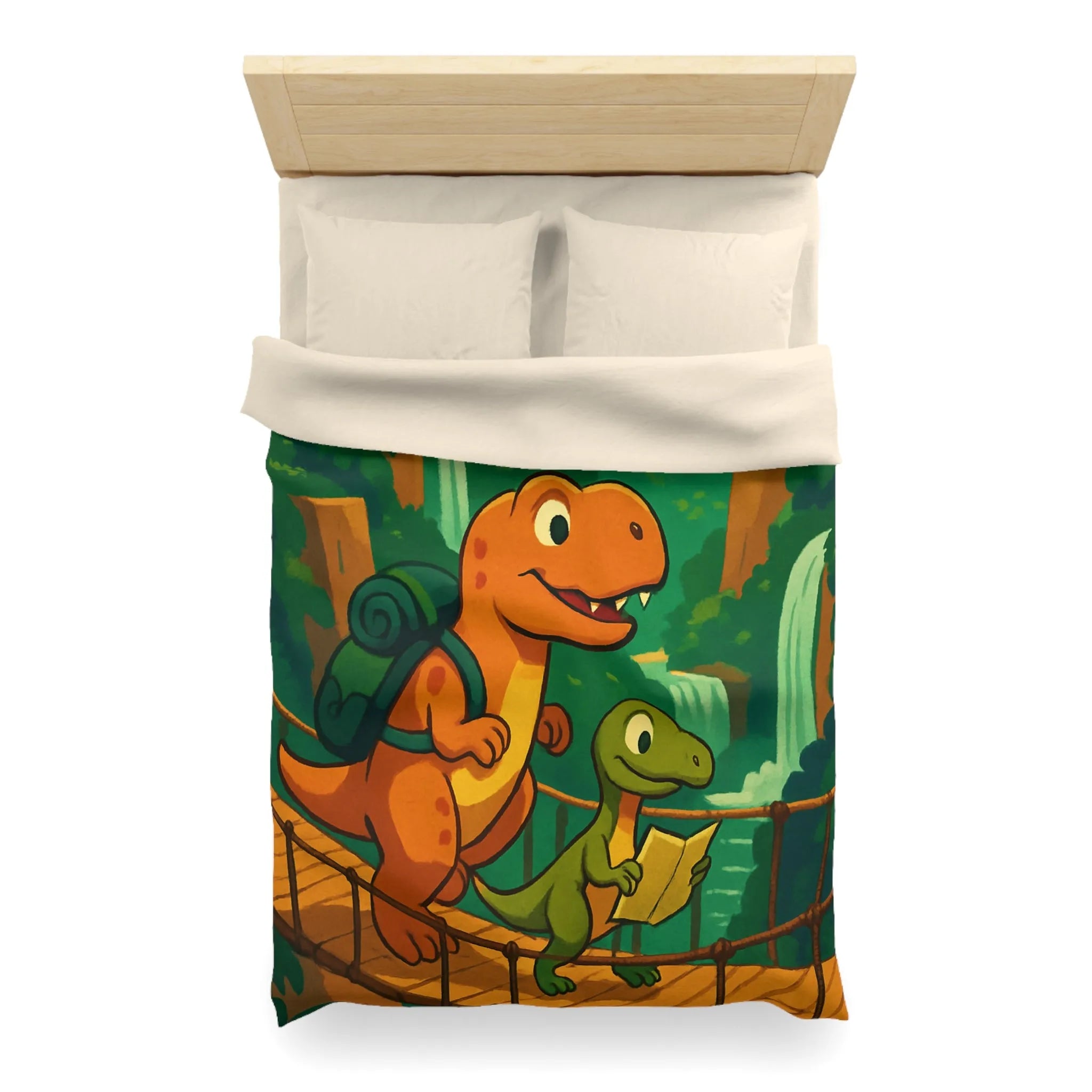 Housse de couette avec dinosaures explorateurs sur pont suspendu dans jungle luxuriante