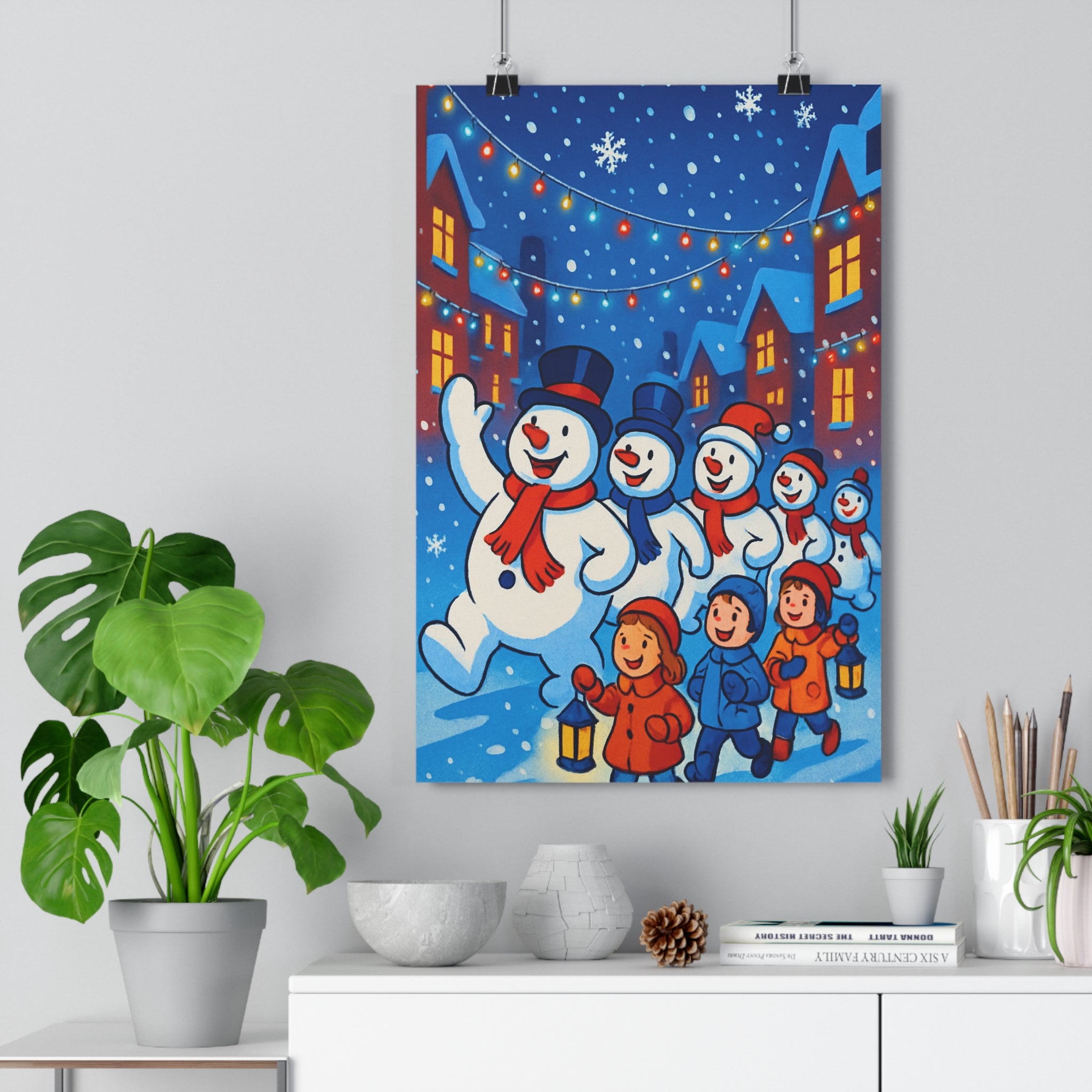 Poster décoratif joyeux scène hivernale enfant manteaux colorés neige lanternes guirlandes lumières multicolores chambre